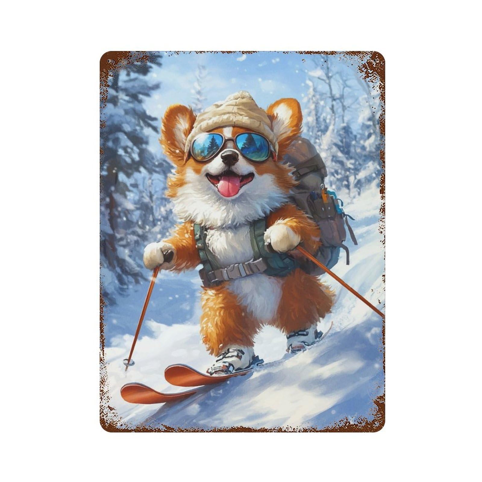Corgi Skiing Adventure 15.7"x11.8" Rustic Tin Plaque, Industrial Home Decor for Farmhouse, Kitchen And Entryway Decor