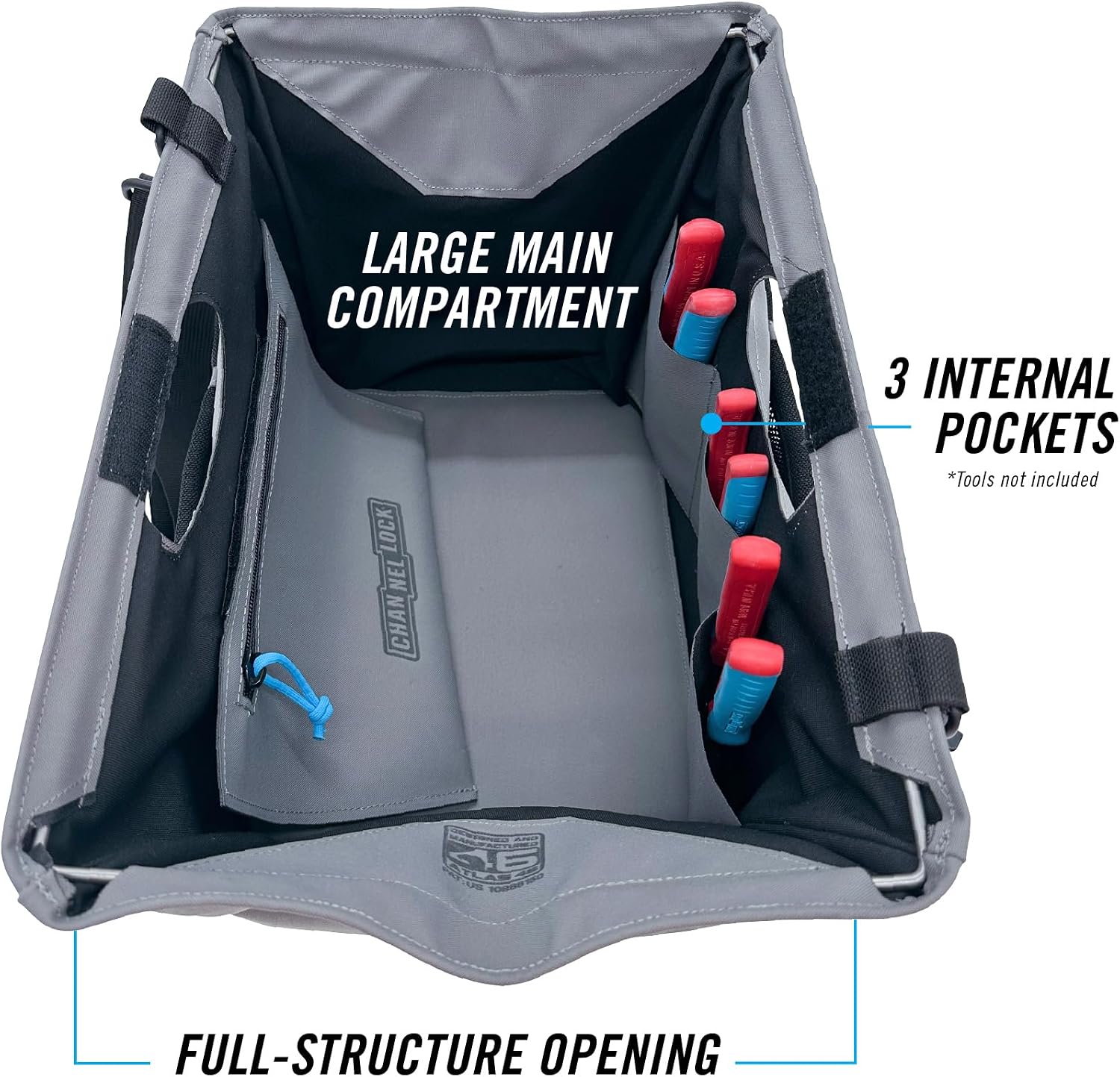 CHANNELLOCK TGM3G PRO 10-Pocket Premium Tool Tote, Water Resistant Tool Bag, LASERLOCK FABRIC, Manufactured to U.S. Military Specifications, 100% Made in USA
