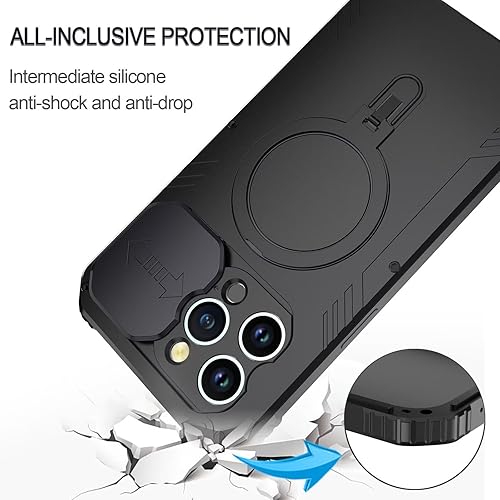 Miniatura 2 de Funda a prueba de golpes para iPhone 15 Pro Max compatible con carga Magsafe Soporte de anillo magnético Cubierta protectora de lente deslizante