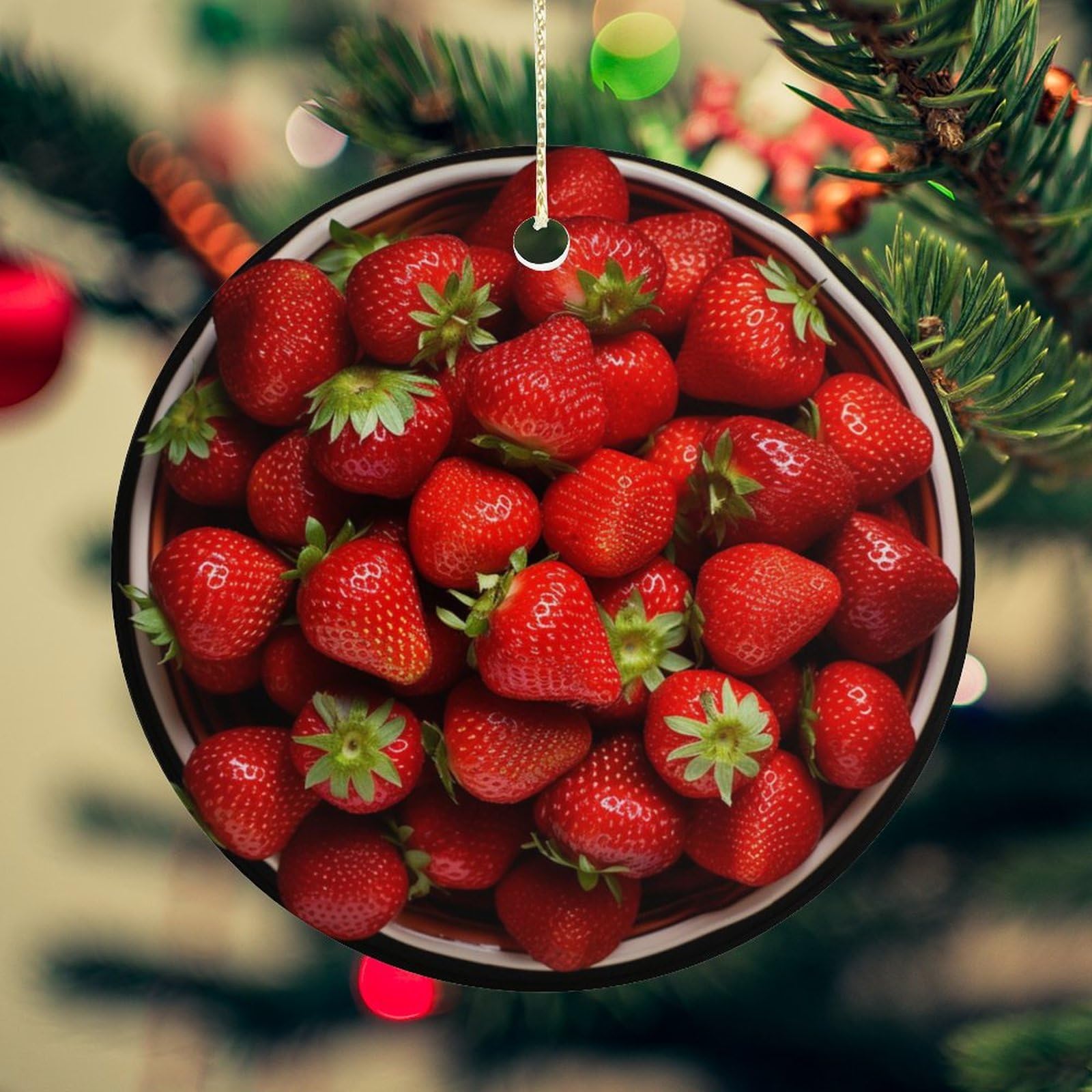 Strawberries in Bowl Christmas Ornament for Christmas Tree Ceramic Round Ornament Winter Holiday Keepsake Gift 2.7" Christmas Tree Hanging Decorations Circle Ceramic Pendant Xmas Gift