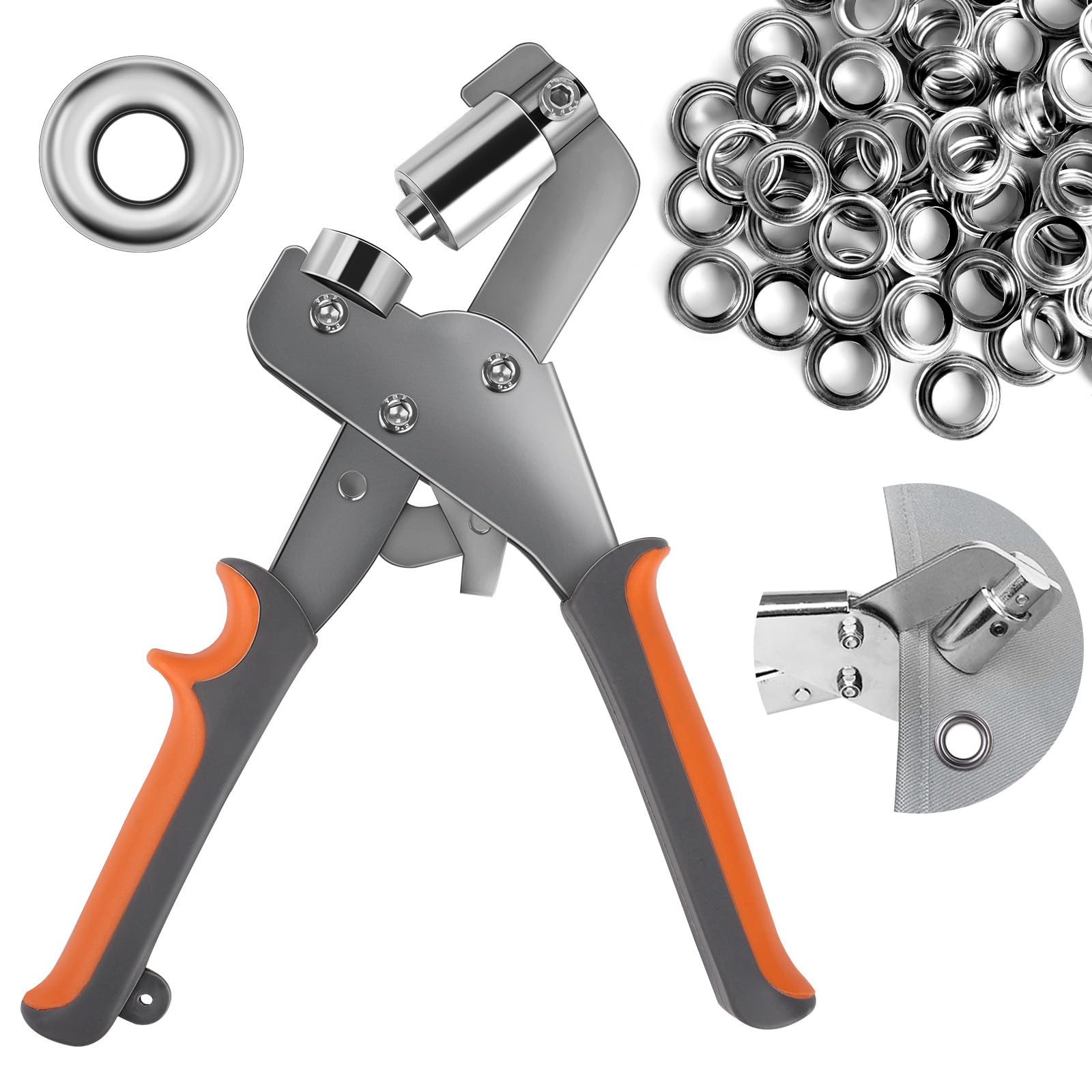 Lot de 200 pinces à œillets professionnelles avec 200 œillets (diamètre 10 mm) - Pince à œillets magnétique pour bâches, bannières, rideaux - Presse à œillets manuelle en acier trempé