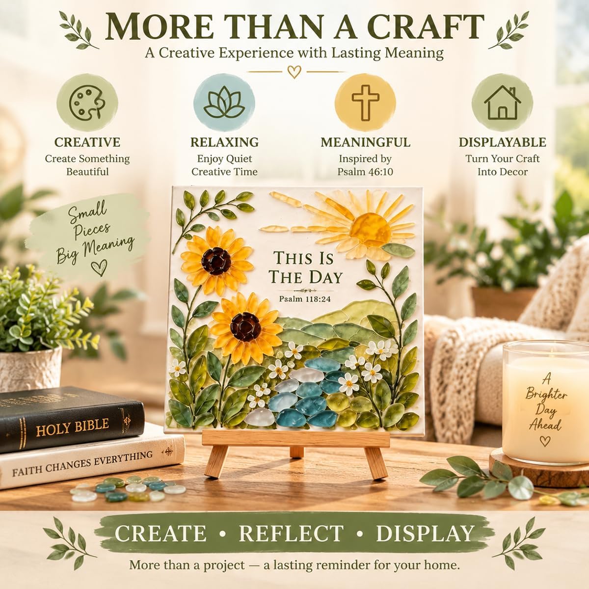 Vorzeth This is The Day Sea Glass Art Kits for Adults, Psalm 118:24 DIY Sea Glass Mosaic Craft Kit with Sunflower Design, Creative Art Project, Meaningful Gift & Faith-Inspired Home Decor
