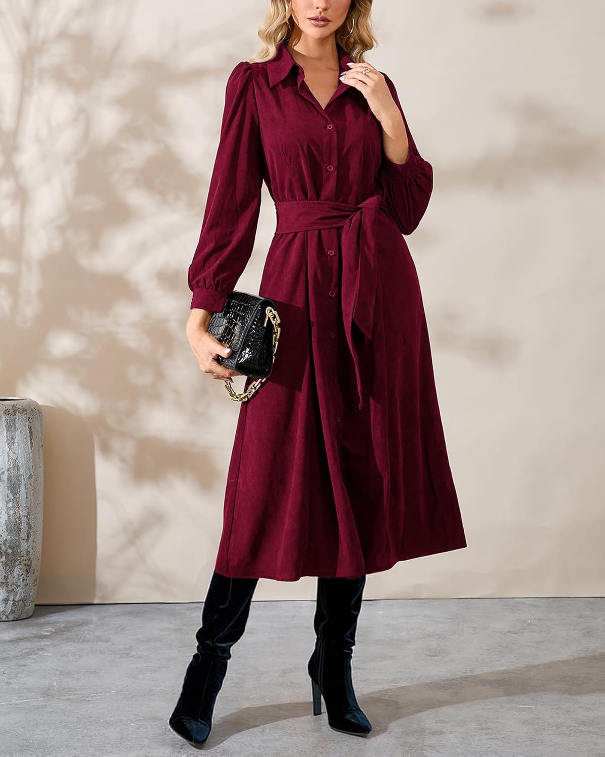 Women's Corduroy Midi Dress Long Sleeve Button Down Belted Flowy Shirt Dress with Pockets - Image 3