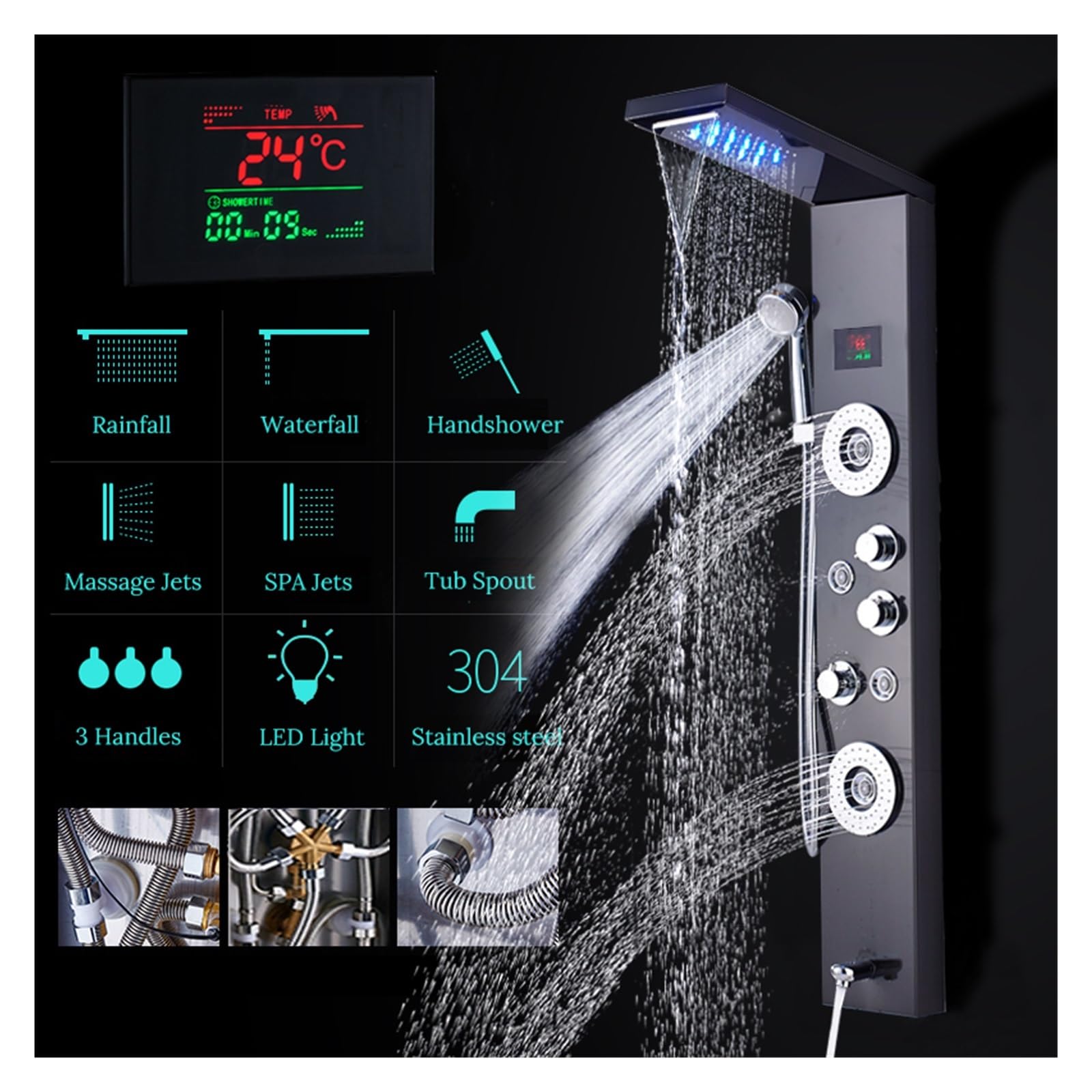 Rubinetto for Doccia da Bagno Nero/Spazzolato di recente Lusso, Pannello Doccia a LED, Miscelatore for Vasca da Bagno a Colonna con Schermo for la Temperatura della doccetta(Brushed Nickle D)