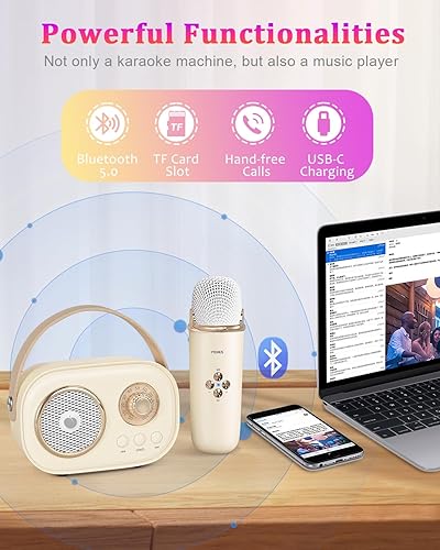 Miniatura 3 de PRUNUS Mini máquina de karaoke para niños y adultos, altavoz Bluetooth portátil con 2 micrófonos inalámbricos y graves mejorados con sonido estéreo,