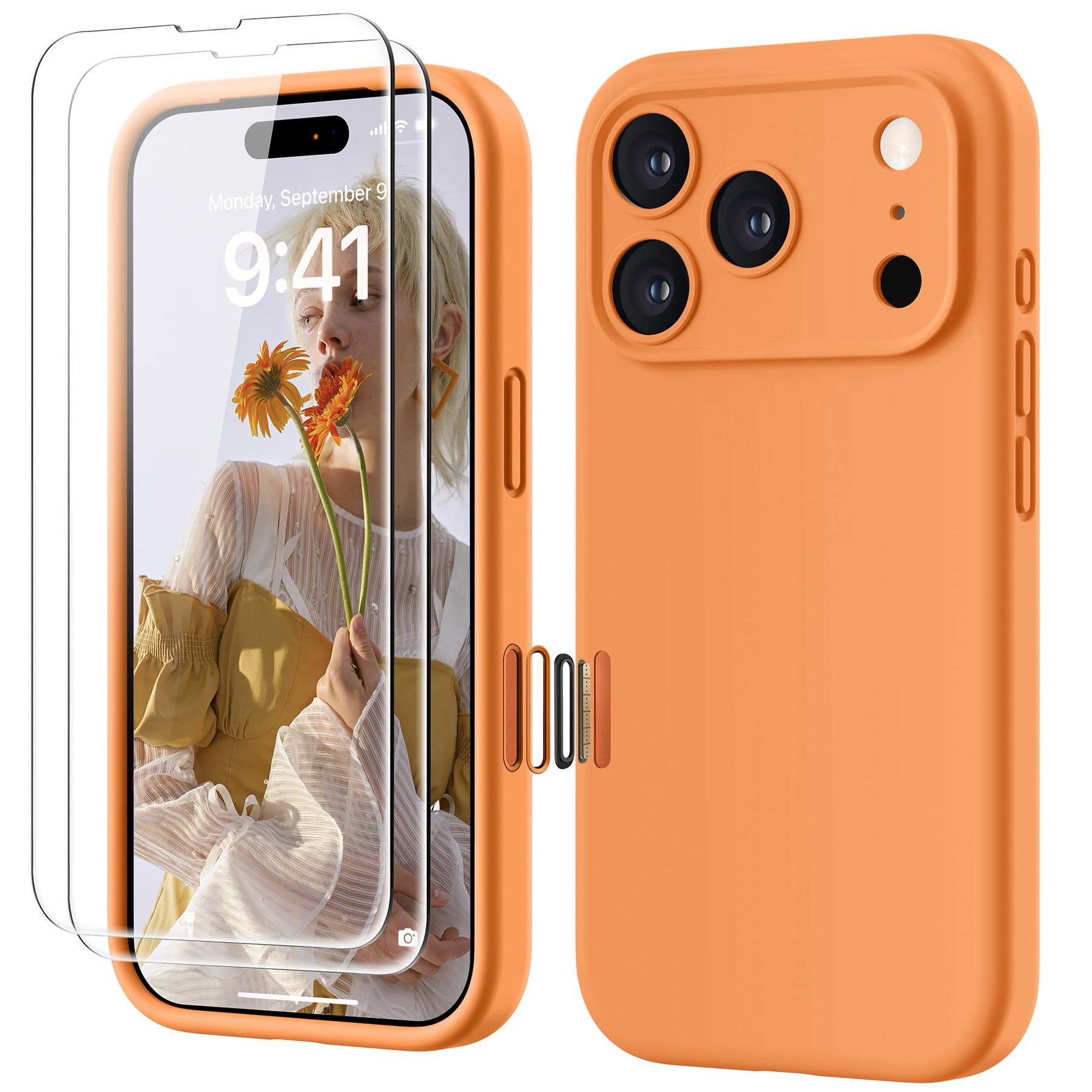 GOODVISH Silicone Cover per iPhone 17 Pro 6.3", Custodia con 2x Vetro Temperato [Pulsante Controllo Fotocamera] 360° Protezione Anticaduta Case per Cellulare Antiurto Resistente, Arancia