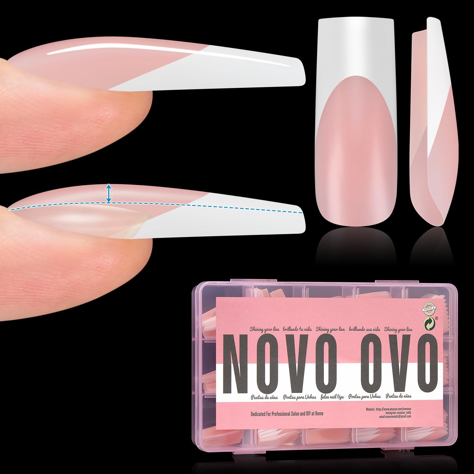NOVO OVO Instant Apex Sculpted Square French Tip Nail Tips Press on, Thick Pre-applied Tip Primer & Base Coat, BABY PINK Full Cover False Nails Fake Nail Extensions for Acrylic x 15 sizes 150 pcs