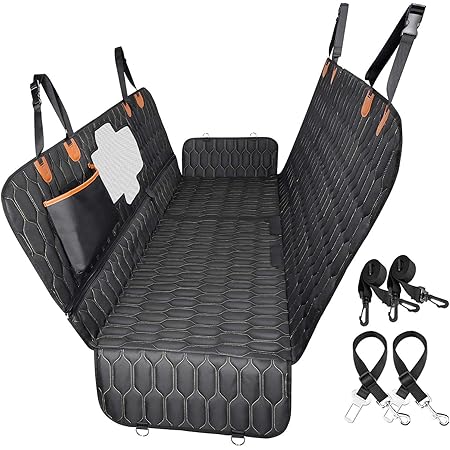 4-in-1 Dog Car Seat Cover, OKMEE Convertible Dog Hammock Scratchproof Pet Car Seat Cover with Mesh Window 2 Seat Belts , Durable Nonslip Dog Seat Cover for Back Seat Protector for Cars Trucks SUVs