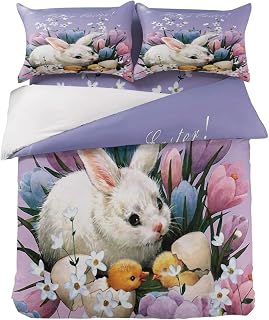 Rabbit Duvet Cover Twin Size Hatching Chick Comforter Cover 3 Pieces Soft Microfiber with Zipper Closure and Corner Ties, Durable, Breathable, Easy Care(68"x 90")
