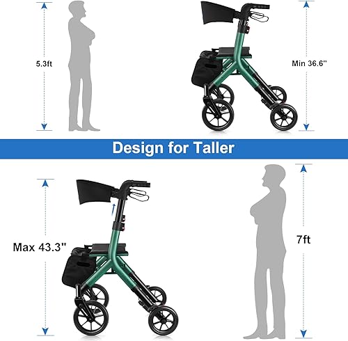 Miniatura 6 de WALK MATE Andador con ruedas para personas mayores de 5.3 a 7 pies con asiento ajustable en altura, ruedas de 10 pulgadas, andadores ocultos de