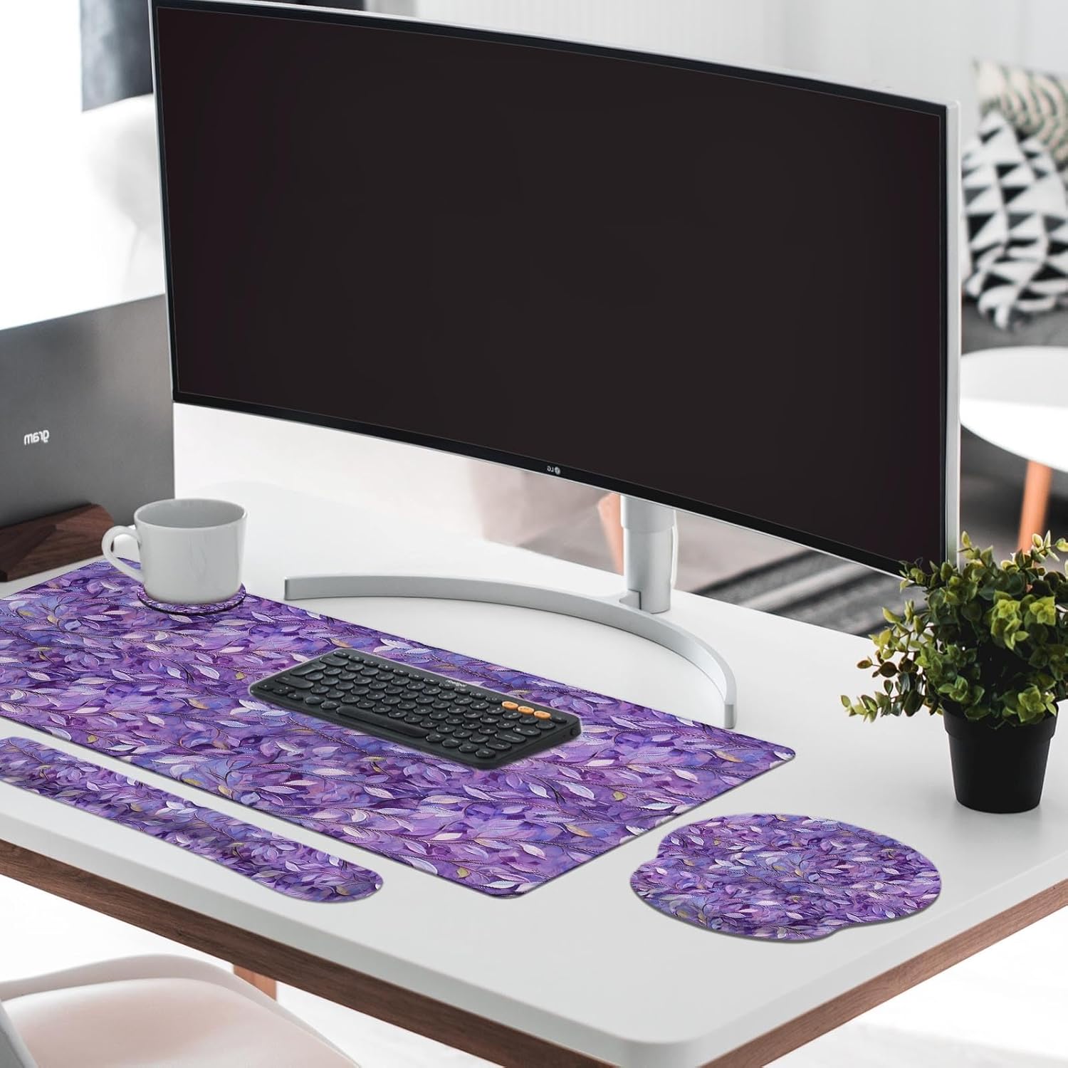 Britimes Purple Oil Painting Leaves Keyboard Mouse Pad Set Plant 4in1 Large Mousepad+Keyboard Wrist Rest+Mouse Wrist Rest+Coaster Ergonomic Design for Home Office Computer 35.4x15.7 inches