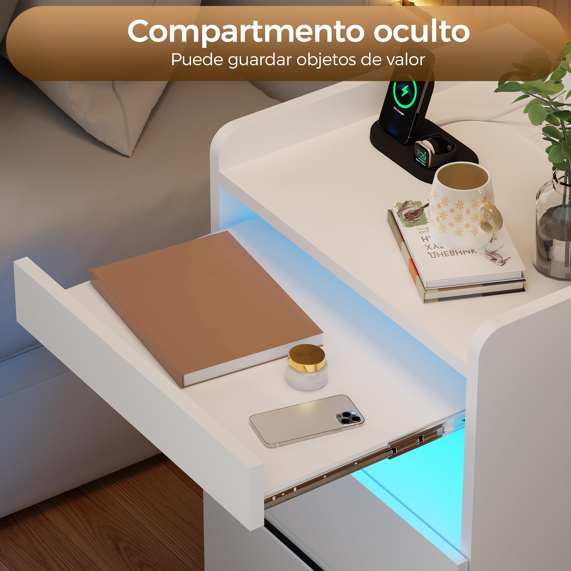 BEWISHOME Juego de 2 Mesitas de Noche,con Compartimento Oculto,con Luces LED y Estación de Carga Mesas Auxiliares(2 Tomas AC 2 Puertos USB),para Salón,Dormitorio (Blanco) EFCG02W