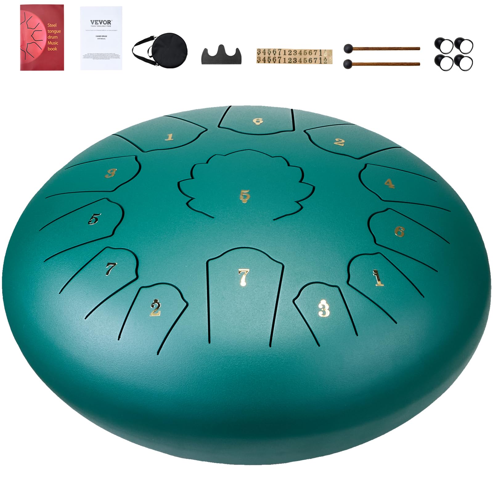 VEVOR Tamburo con Lingua in Acciaio, 305 mm 13 Toni, da Pioggia da Giardino per Esterni, Chiave di Do Maggiore, da Serbatoio, 2 Bacchette, Borsa per Trasporto, Handpan, Verde