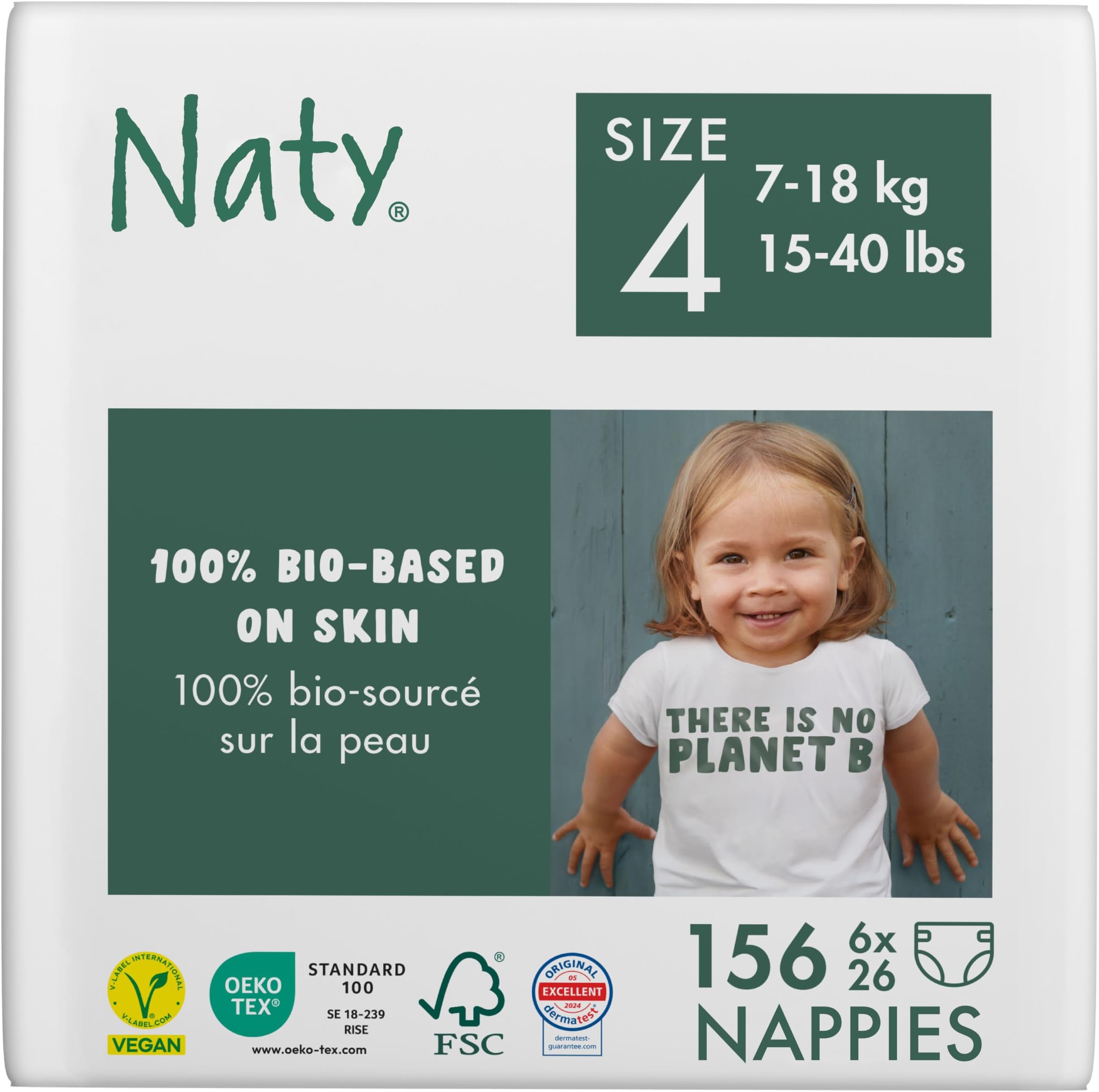 Naty Baby Nappies for Sensitive Skin Size 4 (7-18kg), 156 Count