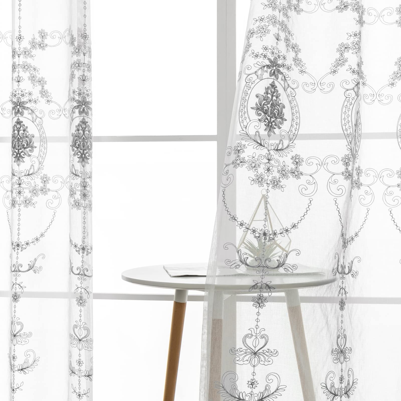 Tende Sottili in Lino, Tende Due Pannelli Finestra con Anelli Motivo Fiori Vintage Ricamata Tenda Elegante Moderna 102x138CM Grigio