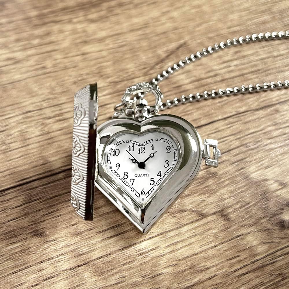 VIGOROSO Women's Pocket Watch, Analog Display, Quartz Movement, Silver Stainless Steel, Heart Pendant Necklace, Unisex Accessory, Valentines Day Gifts