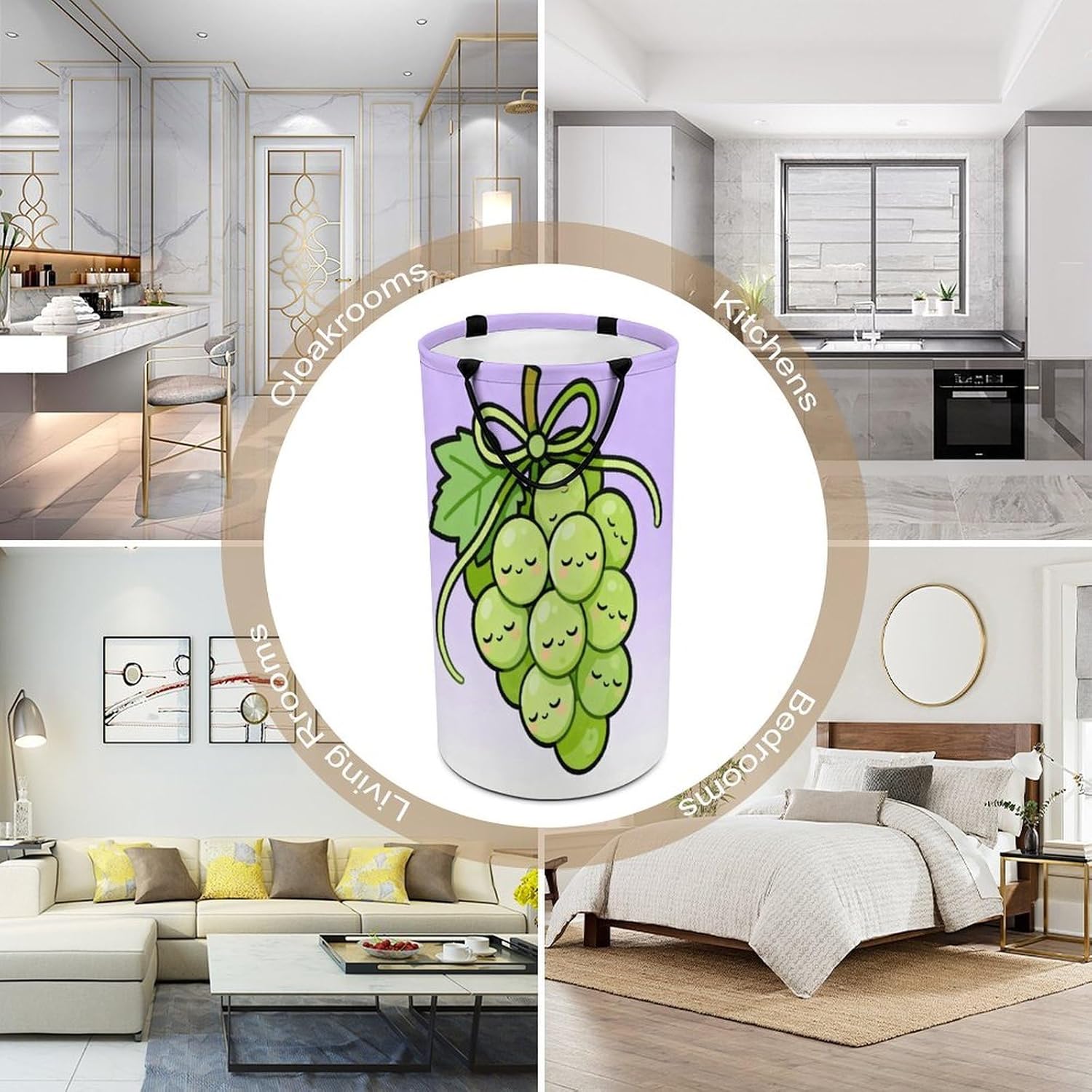 Green Fruit Vegetables Laundry Hamper with Handles Waterproof Collapsible Laundry Basket Large Lightweight Round Dirty Clothes Hamper for Home Dorm Bathroom Decor