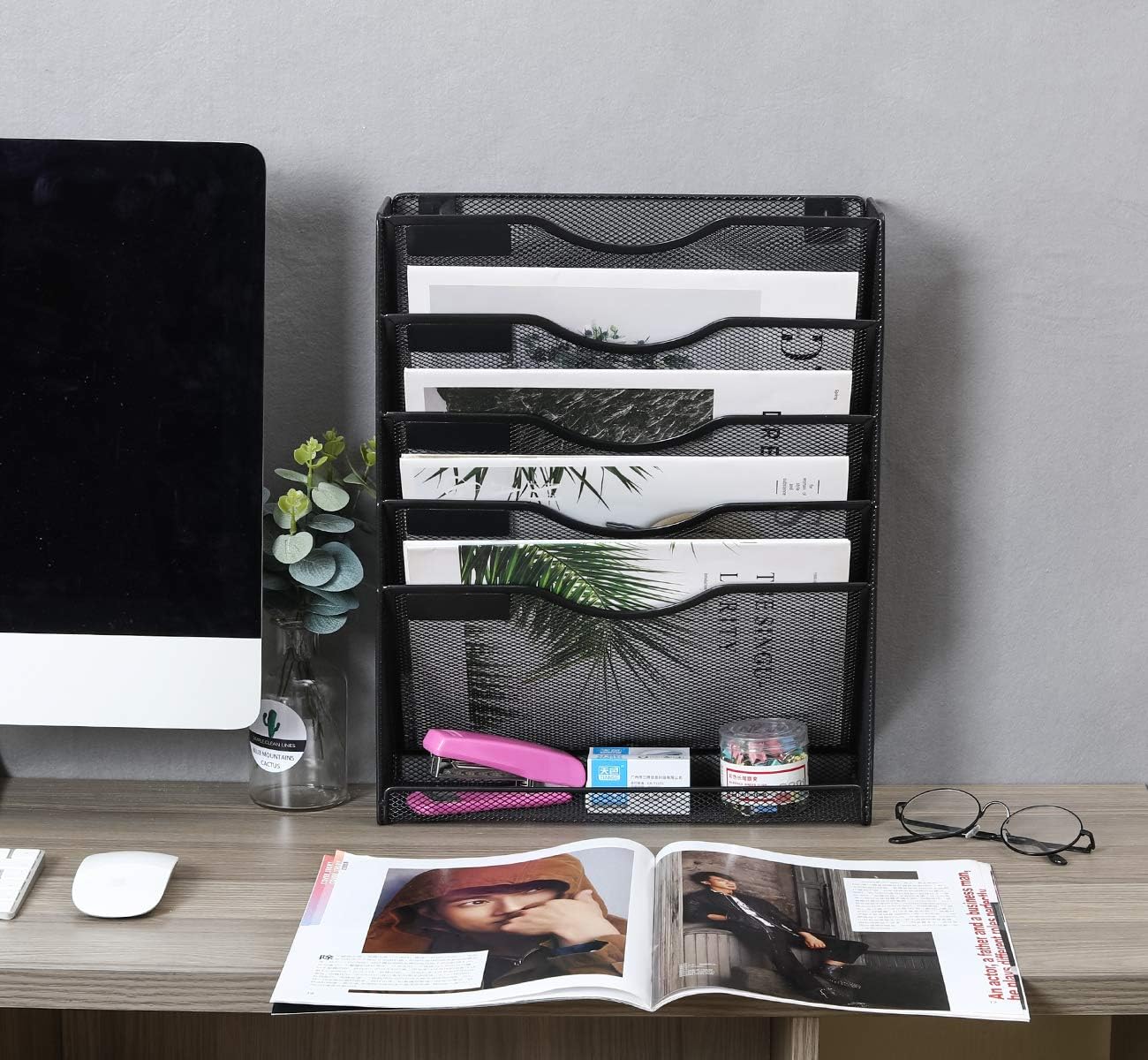 EasyPAG Mesh Wall Hanging File Organizer Holder 5 Tier Vertical Pocket Magzine Rack with Tray | Sides Closed,Black : Office Products