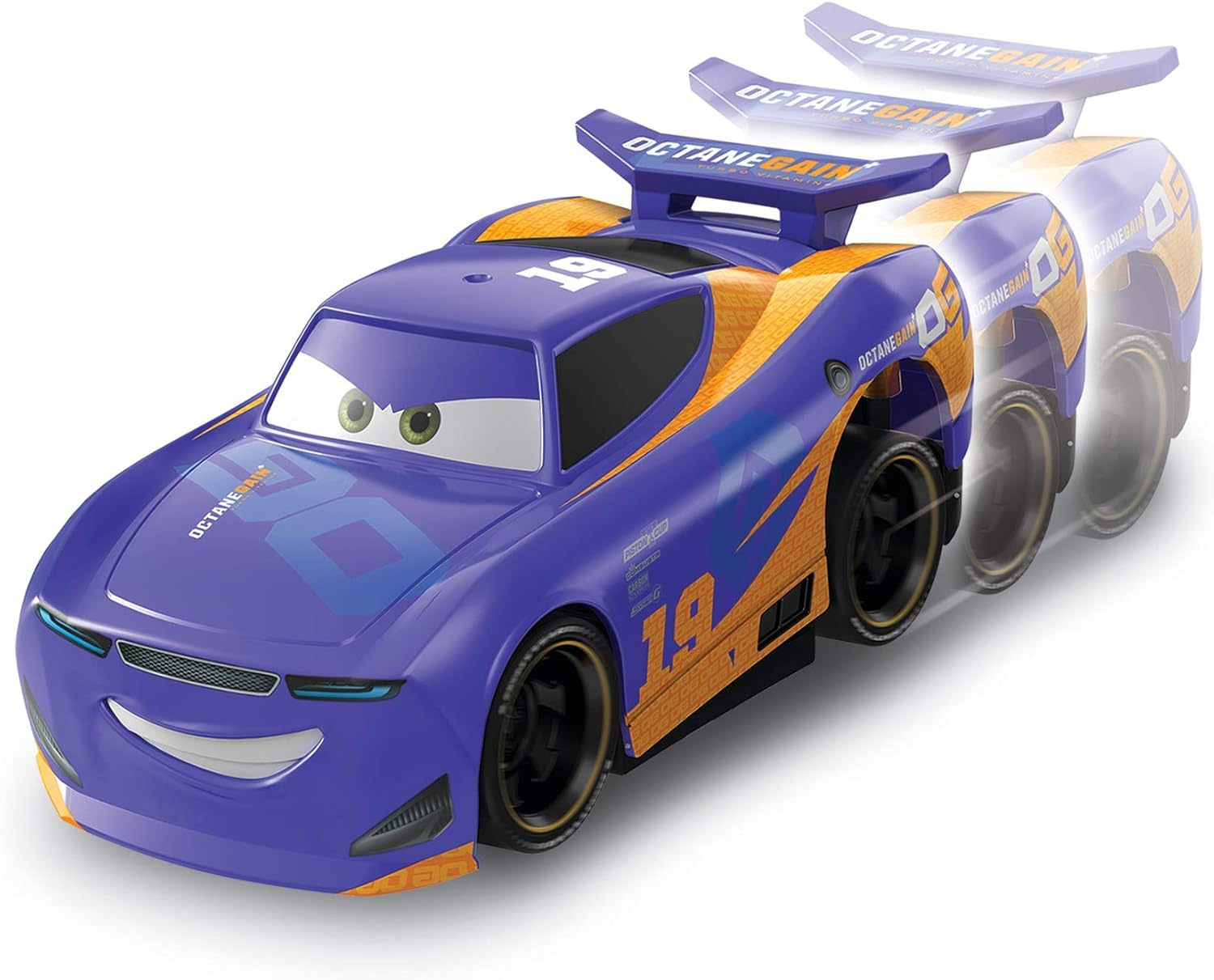 A purple Disney Pixar Cars Turbo Racer vehicle with its spoiler extended, indicating it is charged