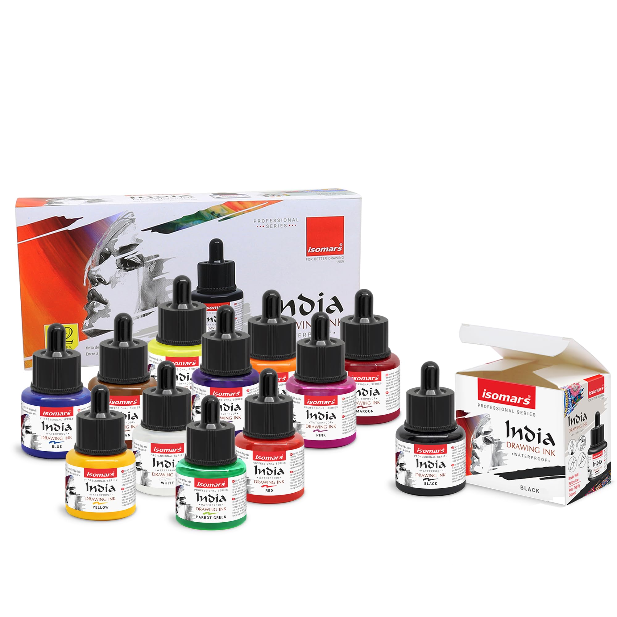 Isomars Waterproof Drawing Ink Set of 12 – 35ml Each (with Dropper) | Suitable for Calligraphy, Art, Technical Drawing, Airbrush Art, Illustration | Fade-Resistant & Quick-Drying