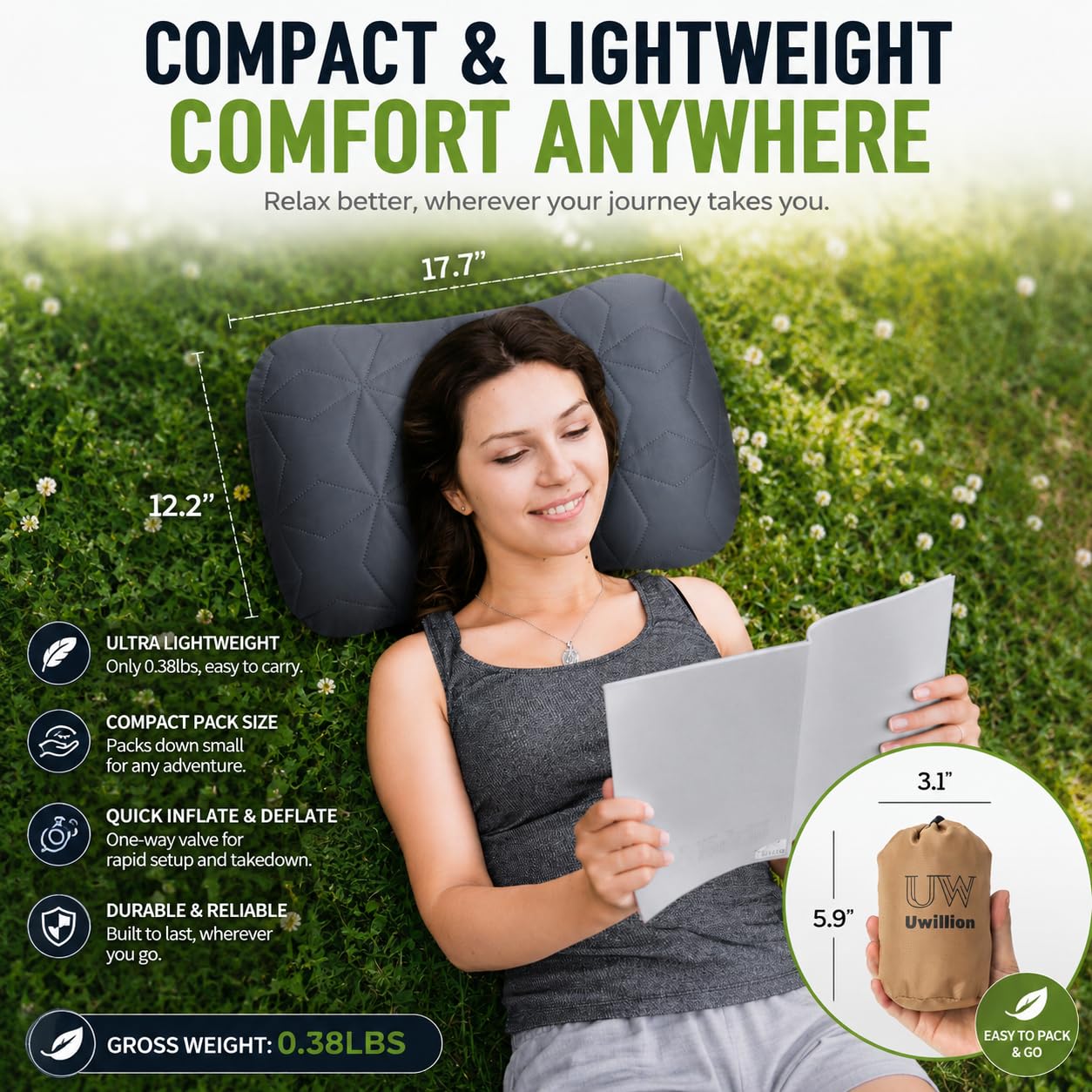 UWILLION Almohada inflable de camping con funda extraíble, almohada inflable ultraligera, ligera, ergonómica y lavable para camping, senderismo y viajes, color gris