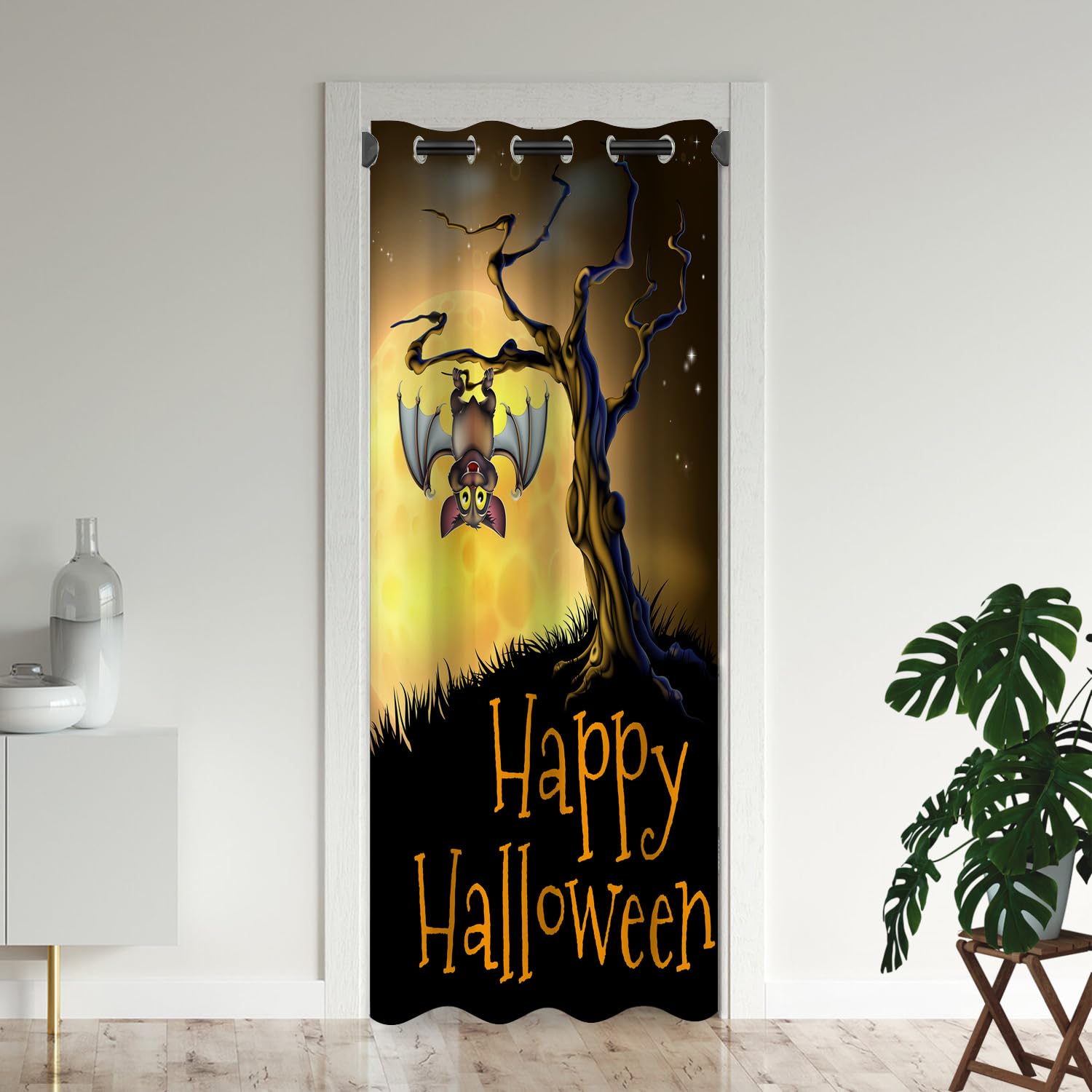 ONINUO Halloween Door Curtains for Doorways, Moon Horror Bat Scary Haunted Blackout Curtain for Kids Bedroom Closet, Grommet Thermal Insulated Privacy Door Drapes for Room Divider, 34