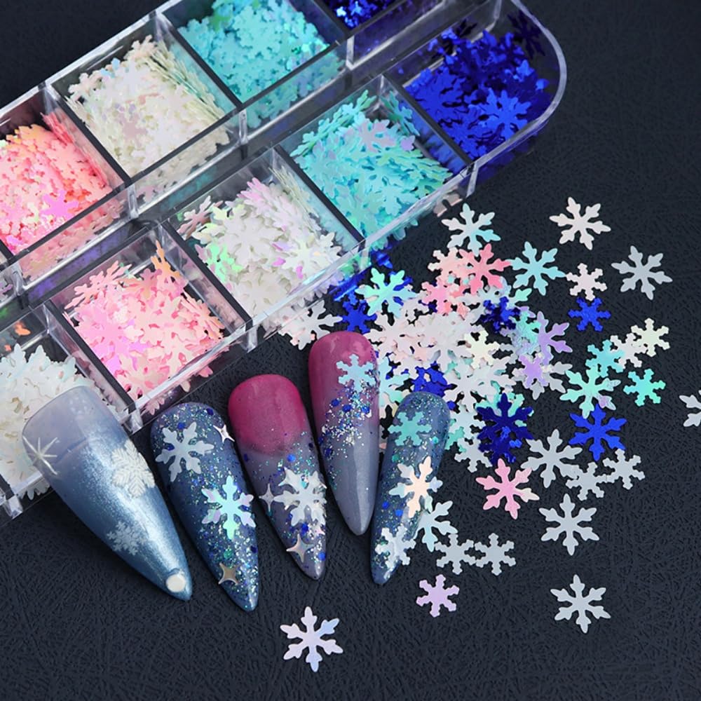 1 Box 12 Color Holographic Snowflake Nail Glitter Laser Ombre White Nail Sequins 3D Blue Nail Flakes Sparkly Glitter Flakes Shiny Nail Art Glitter Winter Christmas Nail Sequins Glitter for Nails Art