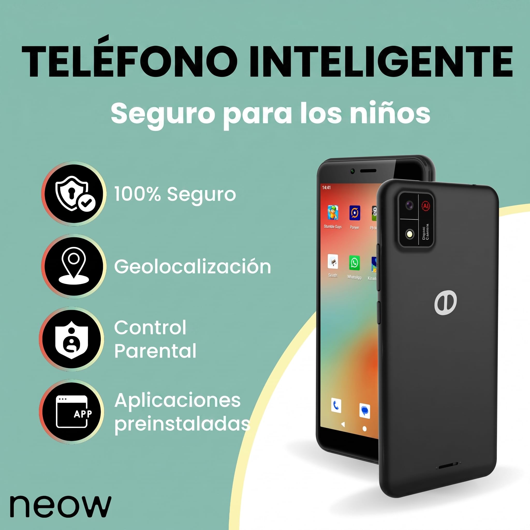 Neow Kids - Smartphone Android 14 | Smartphone para niños | Aplicaciones lúdicas preinstaladas | Google Family Link | Funda incluida