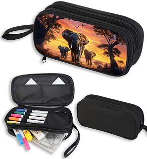 Elephant Pencil Case for Boys Girls, African Safari Pencil Pouch, Large Capacity Zippered School Box with Compartments, Stationery Organizer Bag for Kids Students, Back to School Supplies