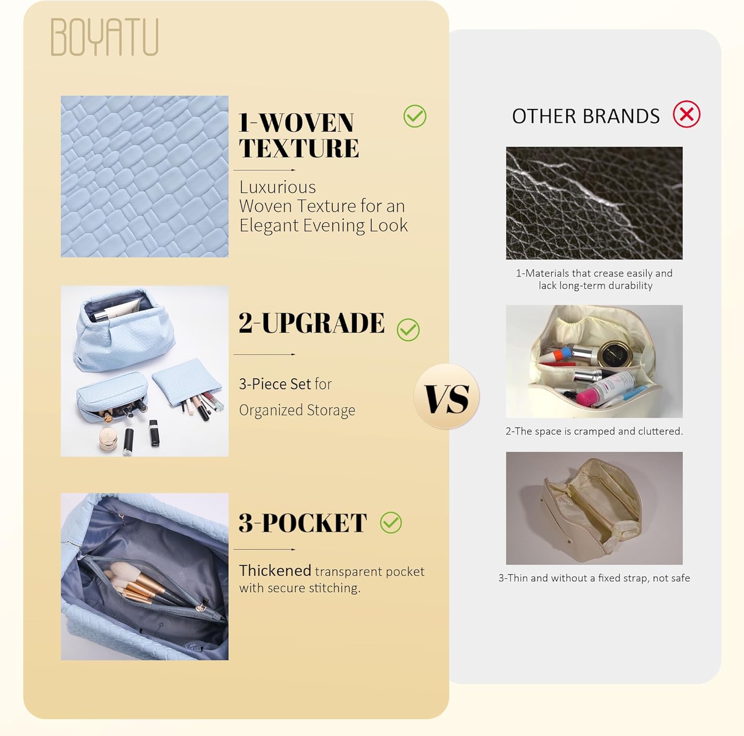 BOYATU Travel Makeup Bags for Women: Elegant Evening Woven Vegan Leather Make up Bag Clutch – 3 Pcs Set Large Capacity Compact Cosmetic Organizer for Purse, Ideal Bridesmaid Gift (Silvery Blue)