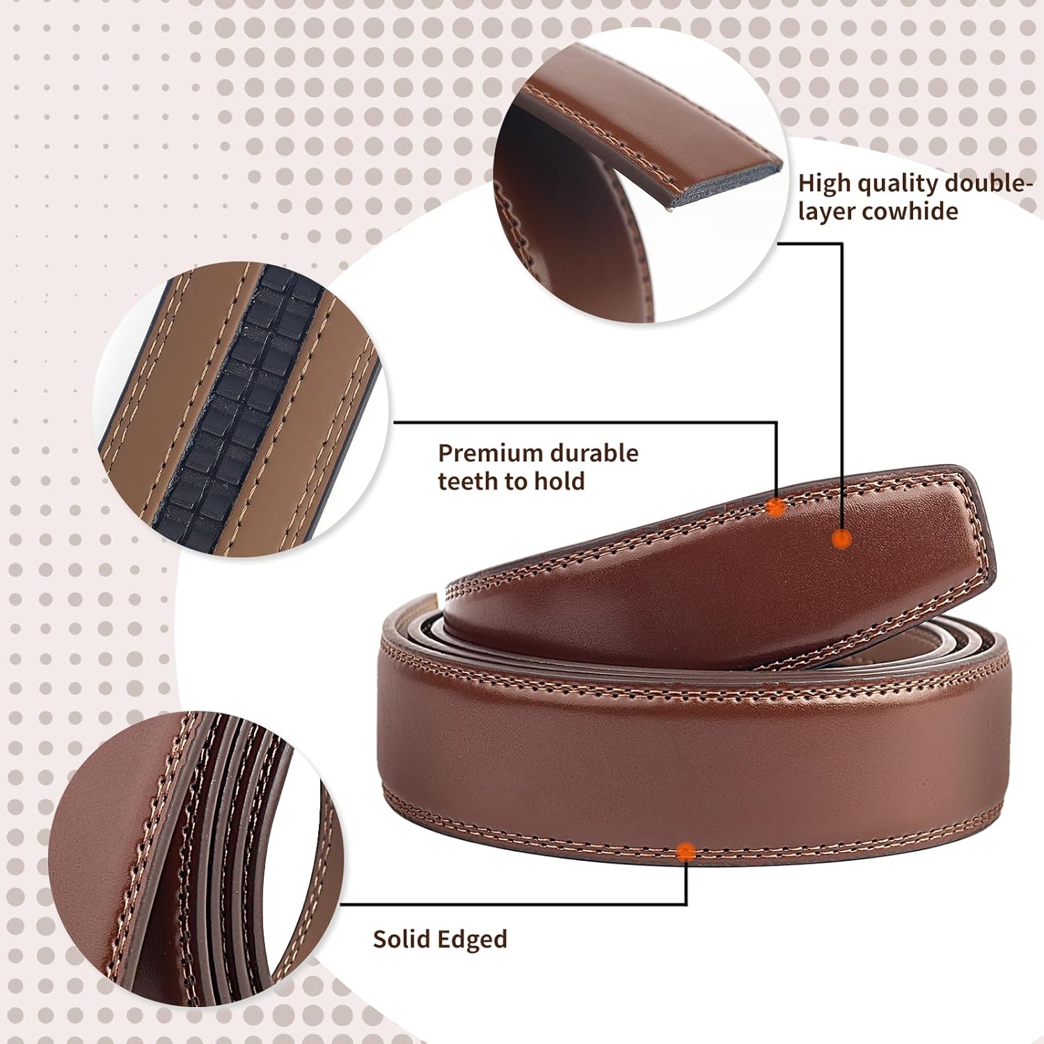 TINIDI Men's Ratchet Belt Strap Adjustable Leather Belts for Men 35mm 1 3/8", 125cm Replacement Strap Without Buckle, Black - Image 3