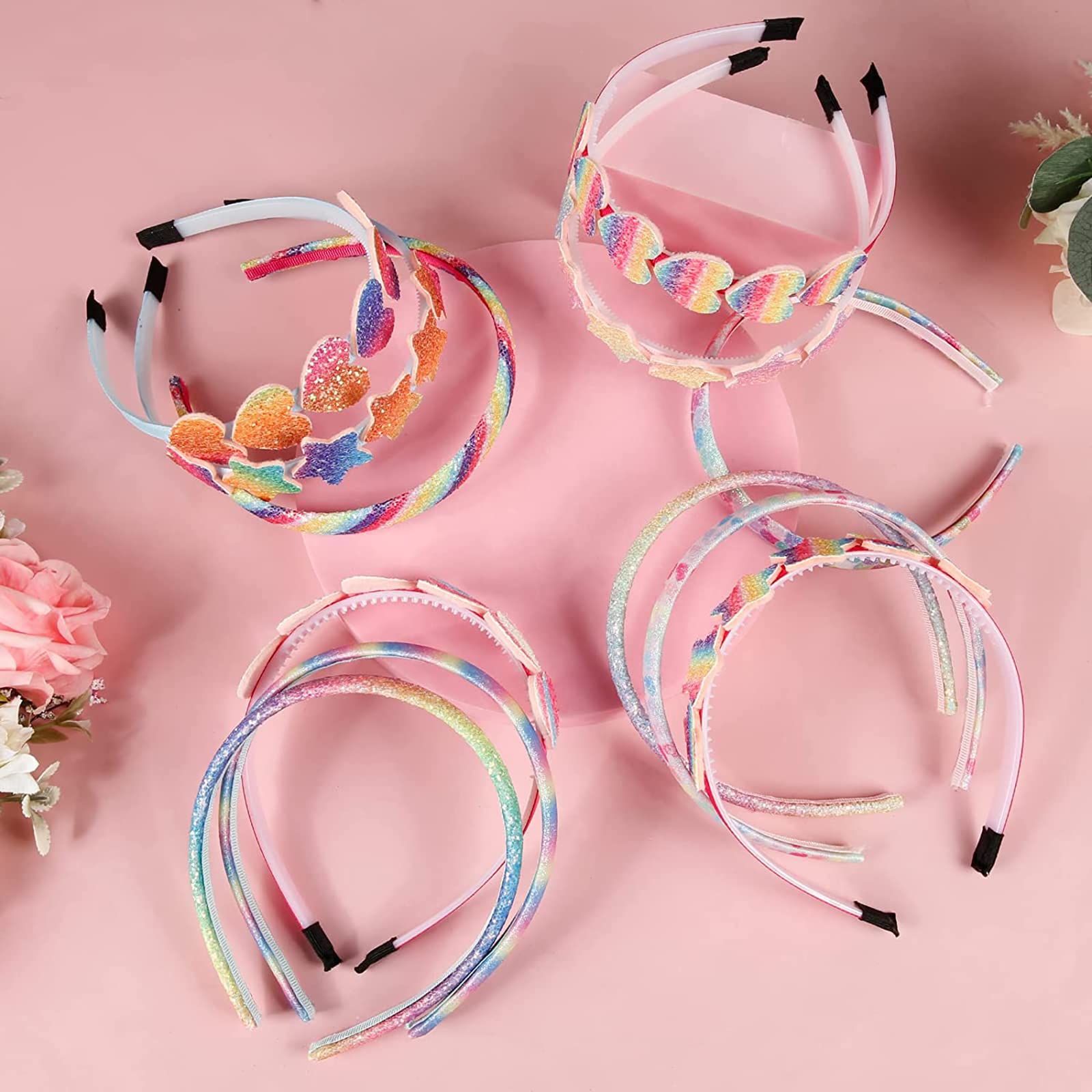 6 Bandeaux à Nœuds Pailletés Filles - Cœurs/Étoiles Élastiques Enfants