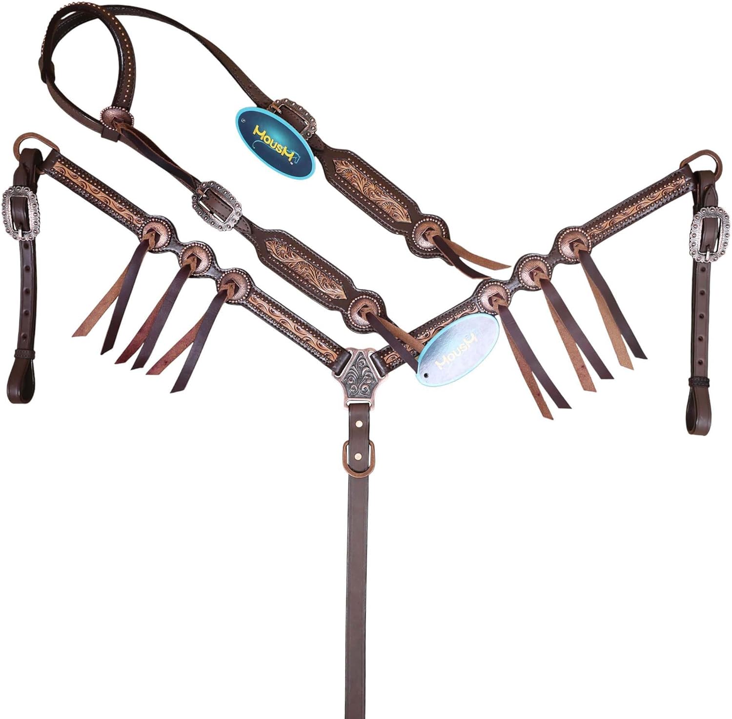 Western Headstall and Breast Collar Tack Set for Horses, Hand-Carved Border with Tiny Copper Studs, Matching Slot Conchos & Burgundy Leather Laces, Genuine Argentina Cow Leather