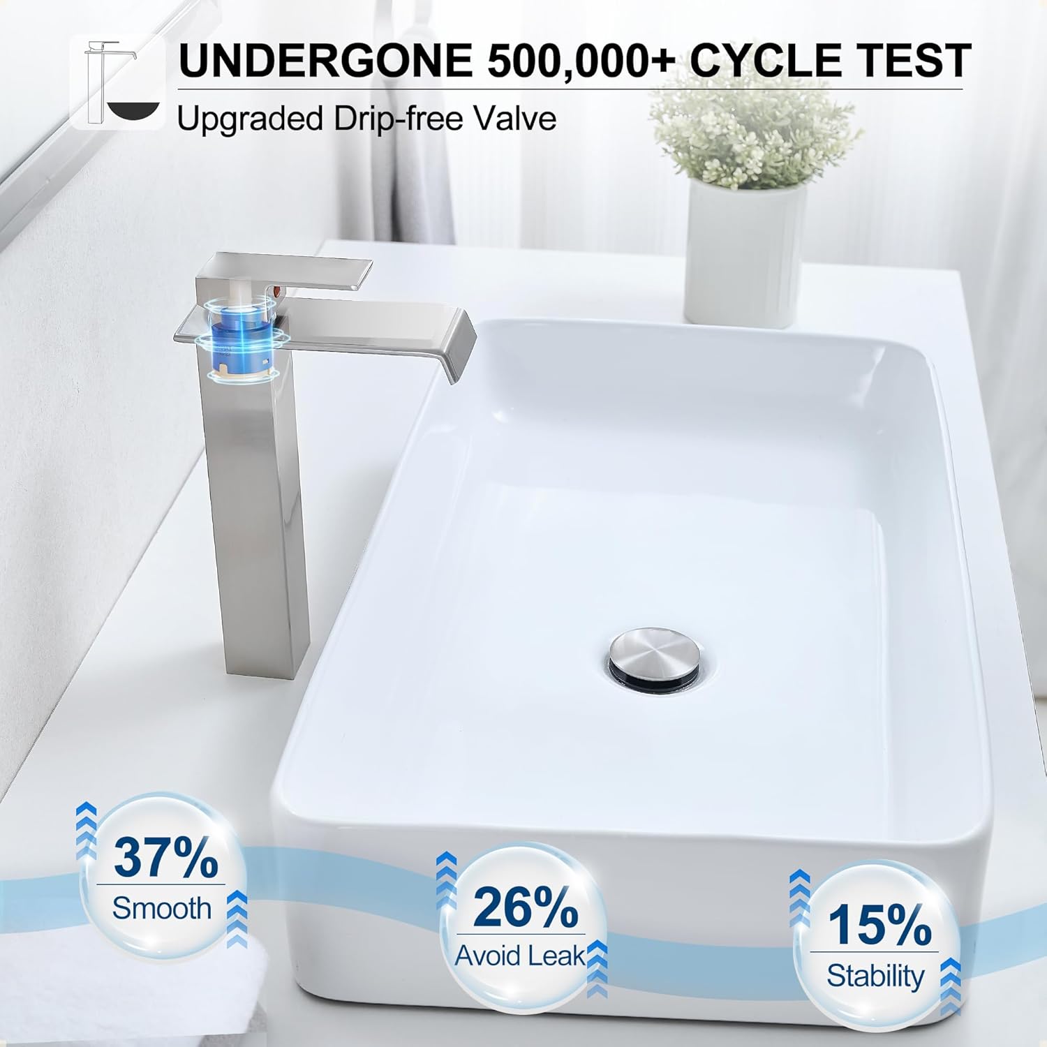 Tall Vessel Sink Faucet Brushed Nickel, Brass Waterfall Vessel Faucet, Single Handle Bathroom Faucet Tall Modern Bathroom Faucets for Vessel Sinks with Pop Up Drain and Supply Hoses - Image 4