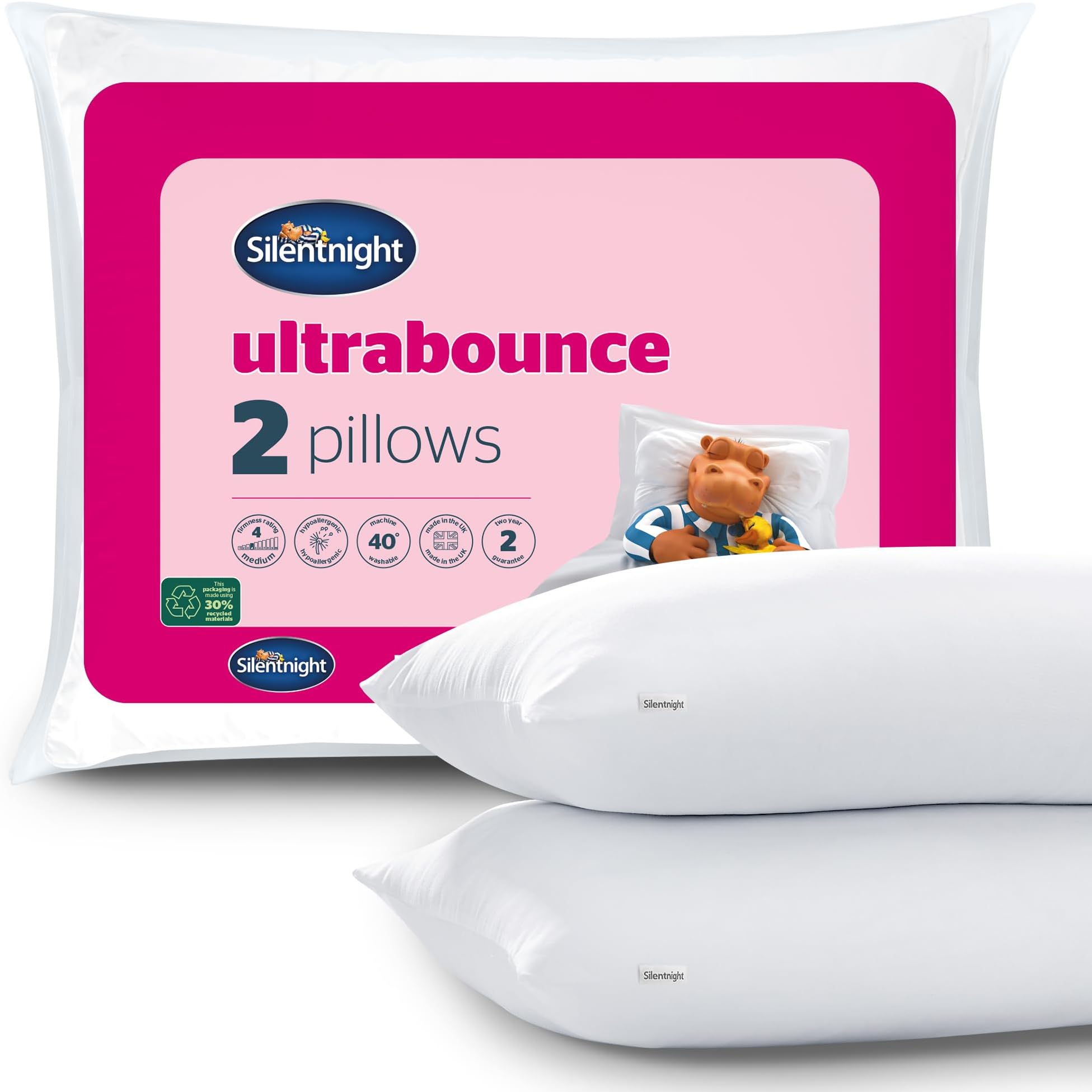 Silentnight Ultrabounce Pillows 2 Pack – Soft Medium Support Comfortable Bouncy Pillows for Stomach, Back and Side Sleepers – Machine Washable and Hypoallergenic Bed Pillows – Pack of 2