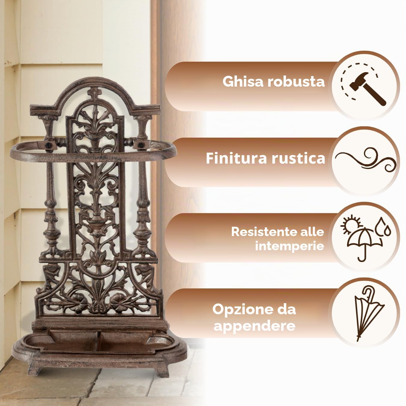 Marco Paul Portaombrelli in ghisa stile antico, per corridoio, resistente, autoportante, marrone, decorazione per la casa, per interni ed esterni