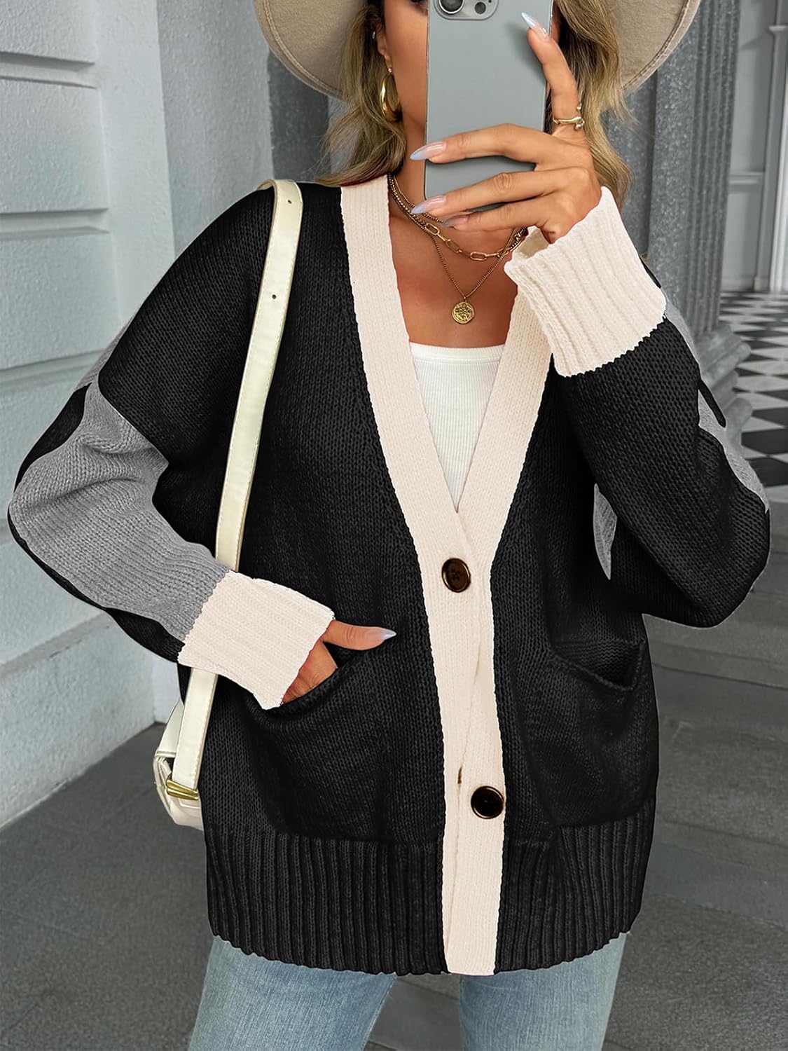 Saodimallsu Womens V Neck Cardigan Sweaters Color Block Button Oversized Long Sleeve Open Front Knit Sweater Coats - Image 4