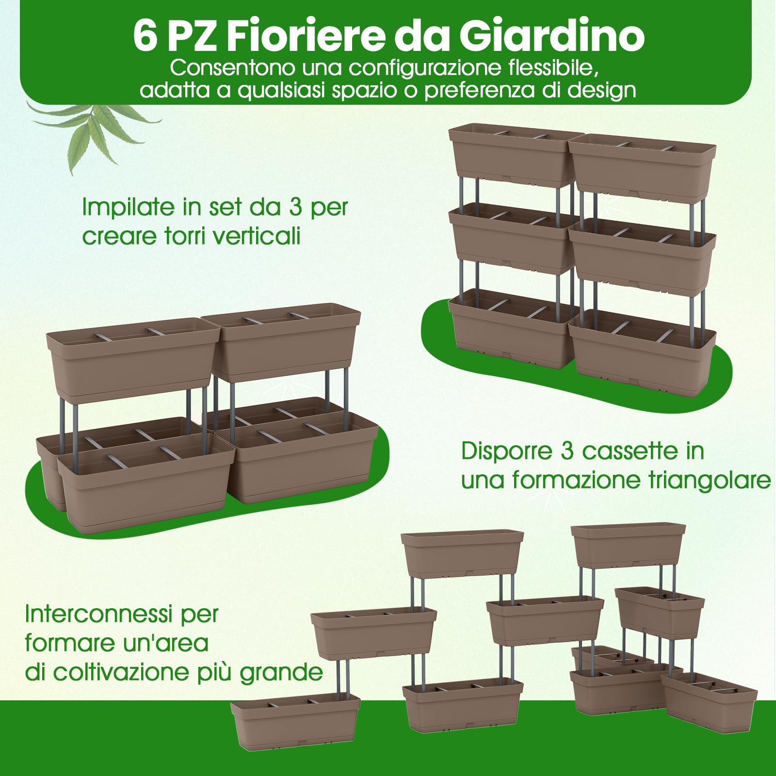 COSTWAY Letto Verticale Rialzato, 6 PZ Fioriere da Giardino per Verdure, Erbe e Fiori, Fioriere Elevate per Interni ed Esterni per Patio, Giardino e Balcone (Grigio)