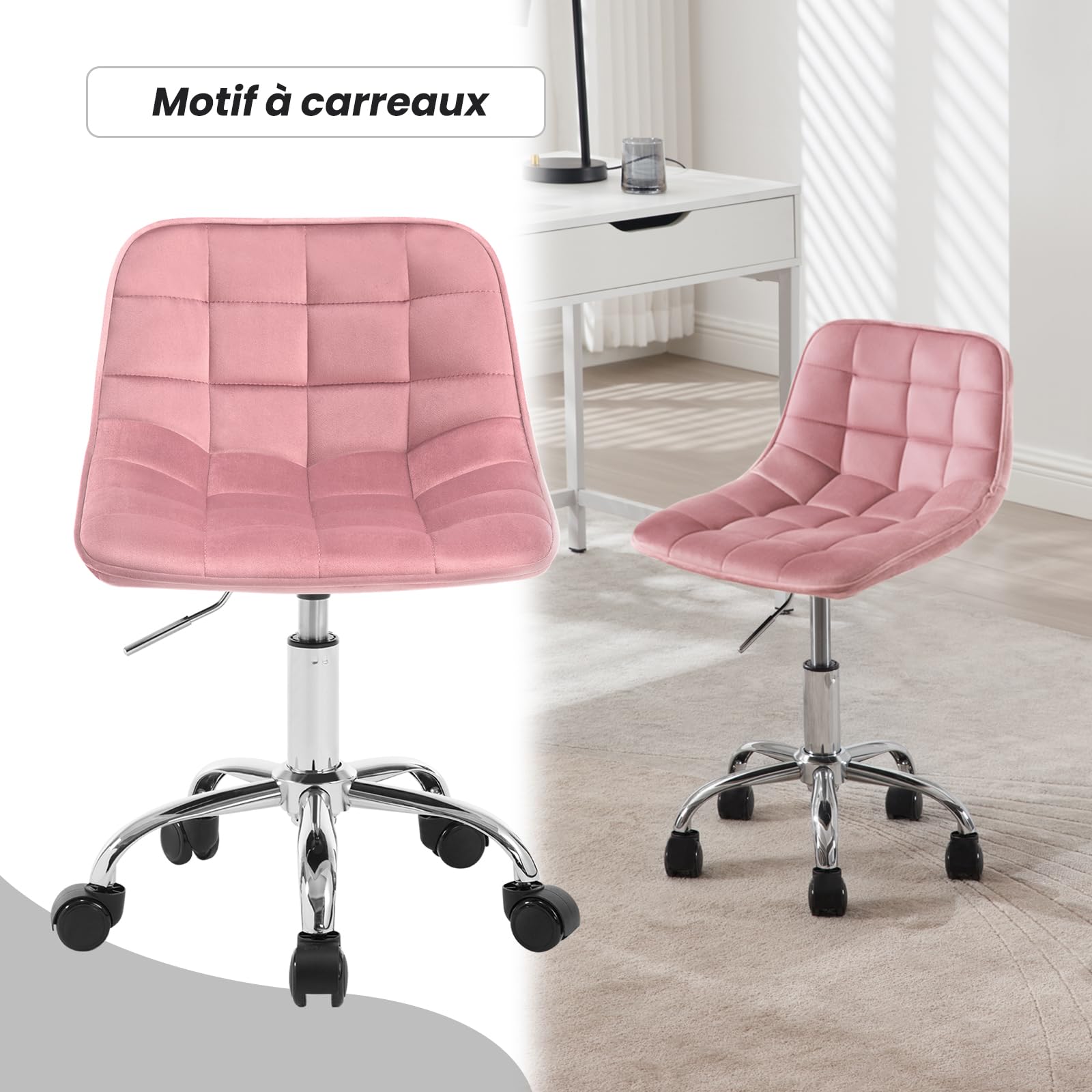 WOLTU Chaise Bureau Enfant, Tabouret Coiffeuse, Tabouret avec Dossier, Chaise Velours Pivotante, Réglable en Hauteur, Assise Rembourrée, Rose