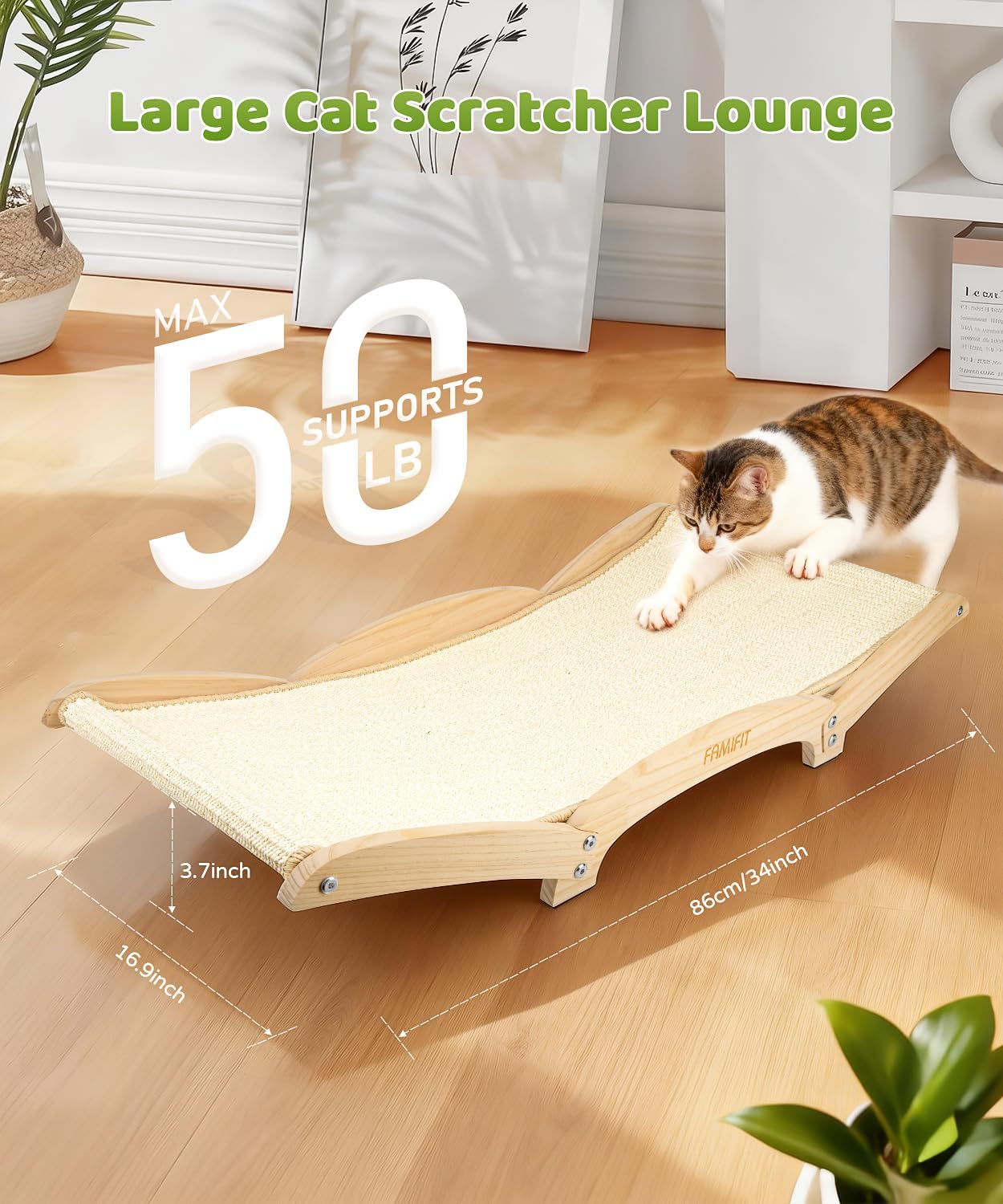 Cat Scratcher Bed with Sisal & Solid Wood Base, Extra Large Cat Scratch Pad for Scratching, Lounging & Sleeping, Stable Anti-Tip Design, Paint-Free & Eco-Safe, Easy Assembly, 34”
