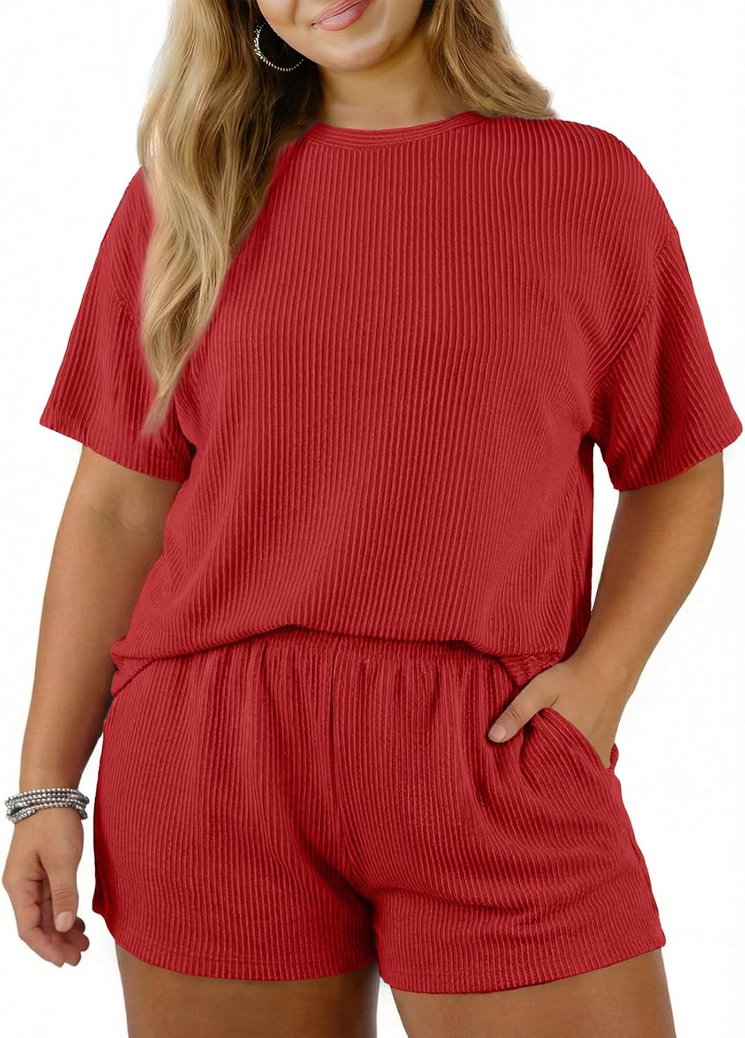 Eytino Plus Size Two Piece Sets for Women Short Sleeve Shirts High Waisted Shorts Pajamas Lounge Matching Set(1X-5X)