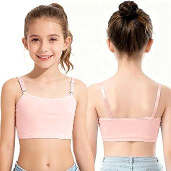 Girls Training Bra, Soft Cotton Cami Bralette with Adjustable Straps, Double Layer Design, No Pads
