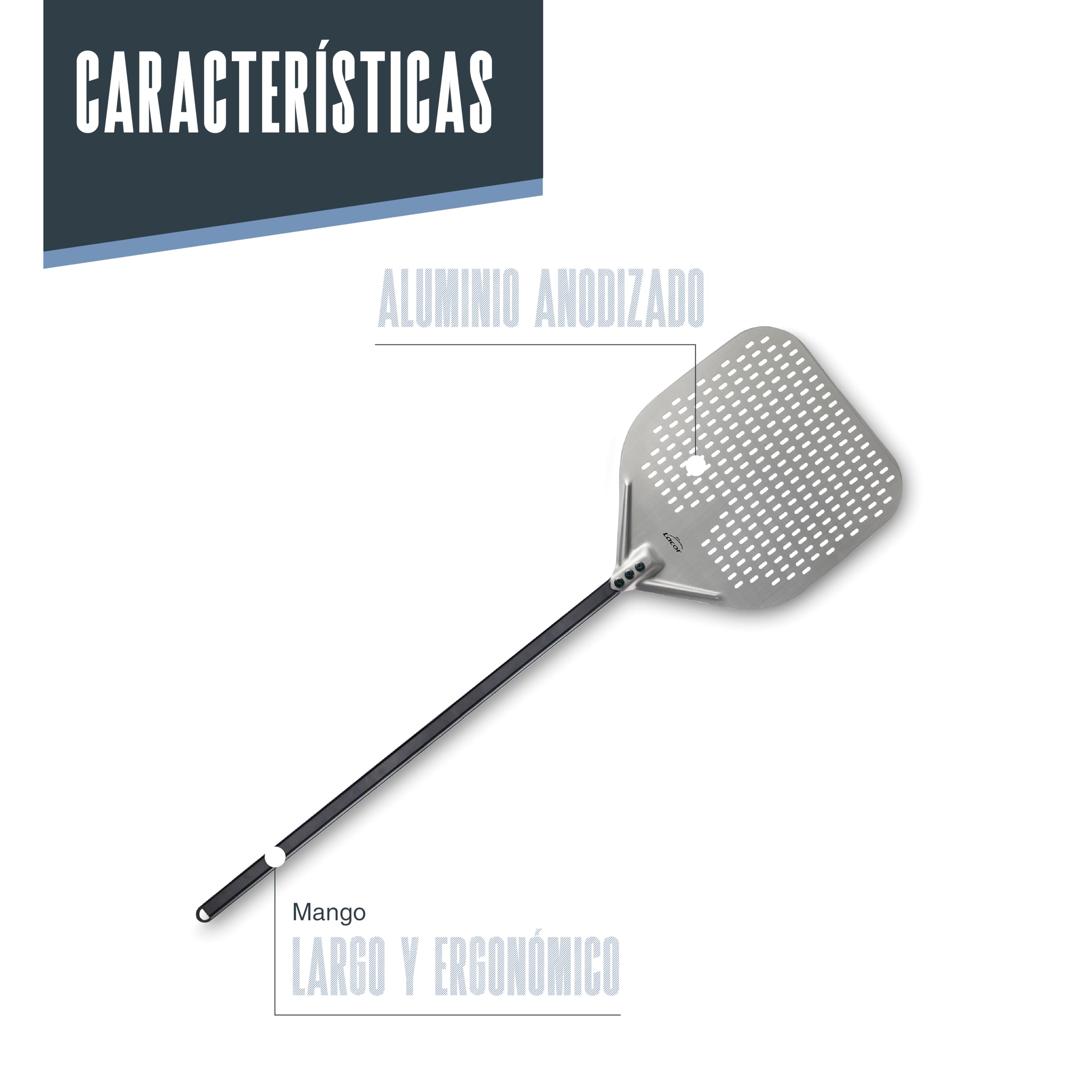 LACOR - 61466 - Pala Pizza Fuoco, 30 x 30 x 120 cm, Aluminio Anodizado, Base Perforada, Uso Profesional, Apta para Hornos de Piedra, Leña o Eléctricos, Ligera, Robusta y Manejable