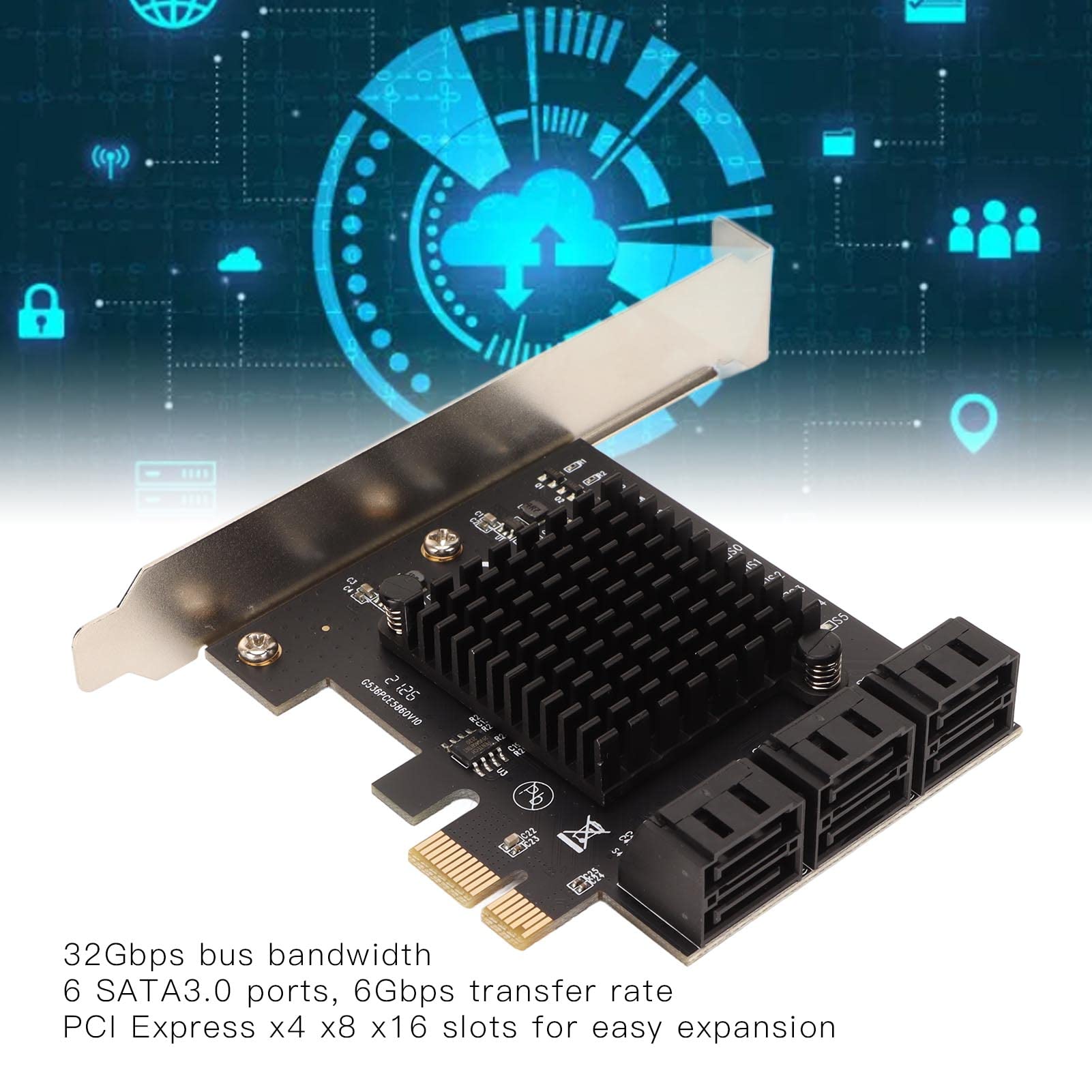 Tarjeta de Expansión PCIe 3.0 a 6 Puertos SATA, 6 Interfaces SATA3.0, Velocidad de Transferencia de 6 Gbps, Chip de Control Principal Jmb585 Pines Chapados en Oro Compatible con Windows 7 Compatible