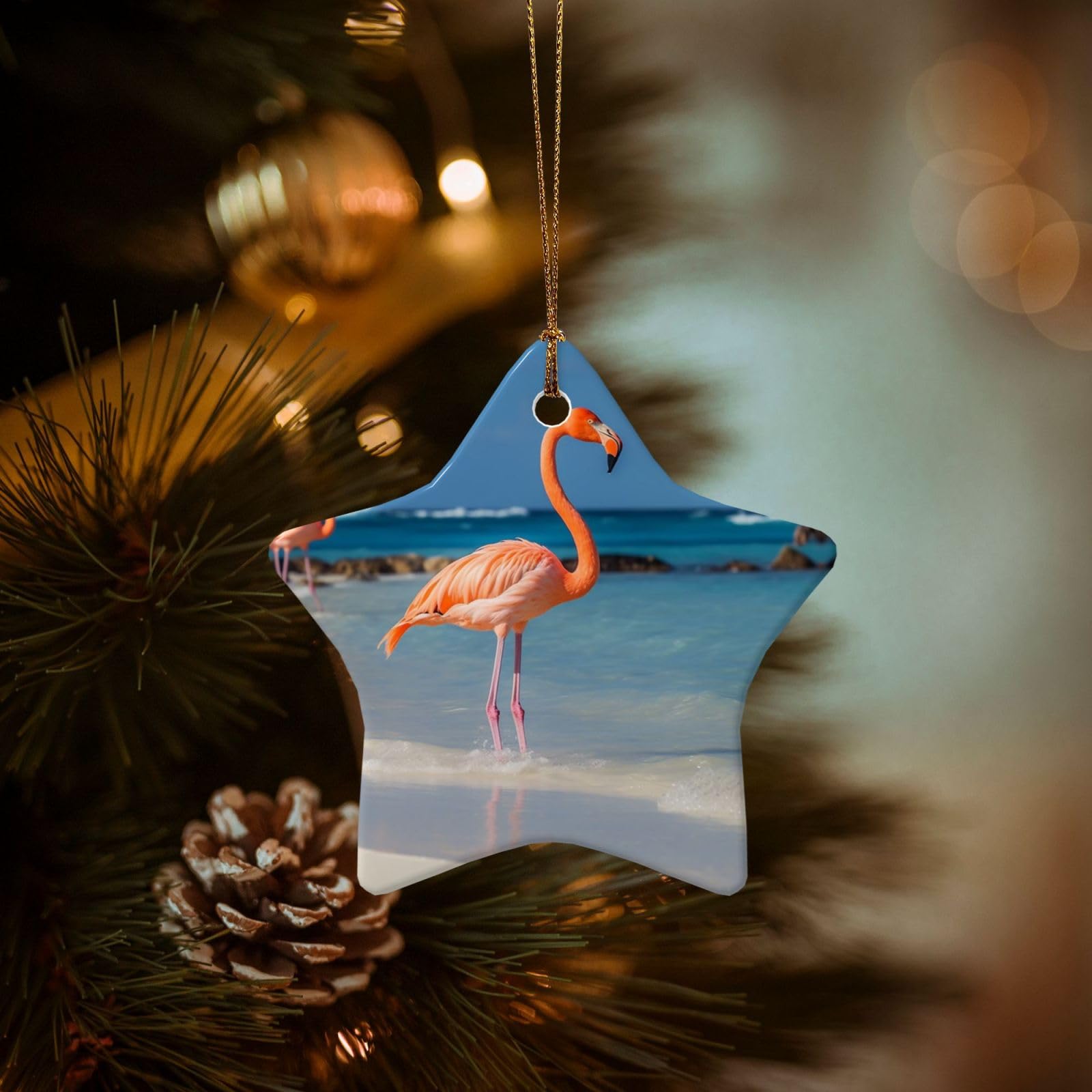 Christmas Ornaments for Christmas Tree Decoration Hanging Beach Flamingo Ornament with Gold Ribbon Crafts Star Shape Ceramic Pendant for Keepsake Gifts Xmas Decor Party Supplies
