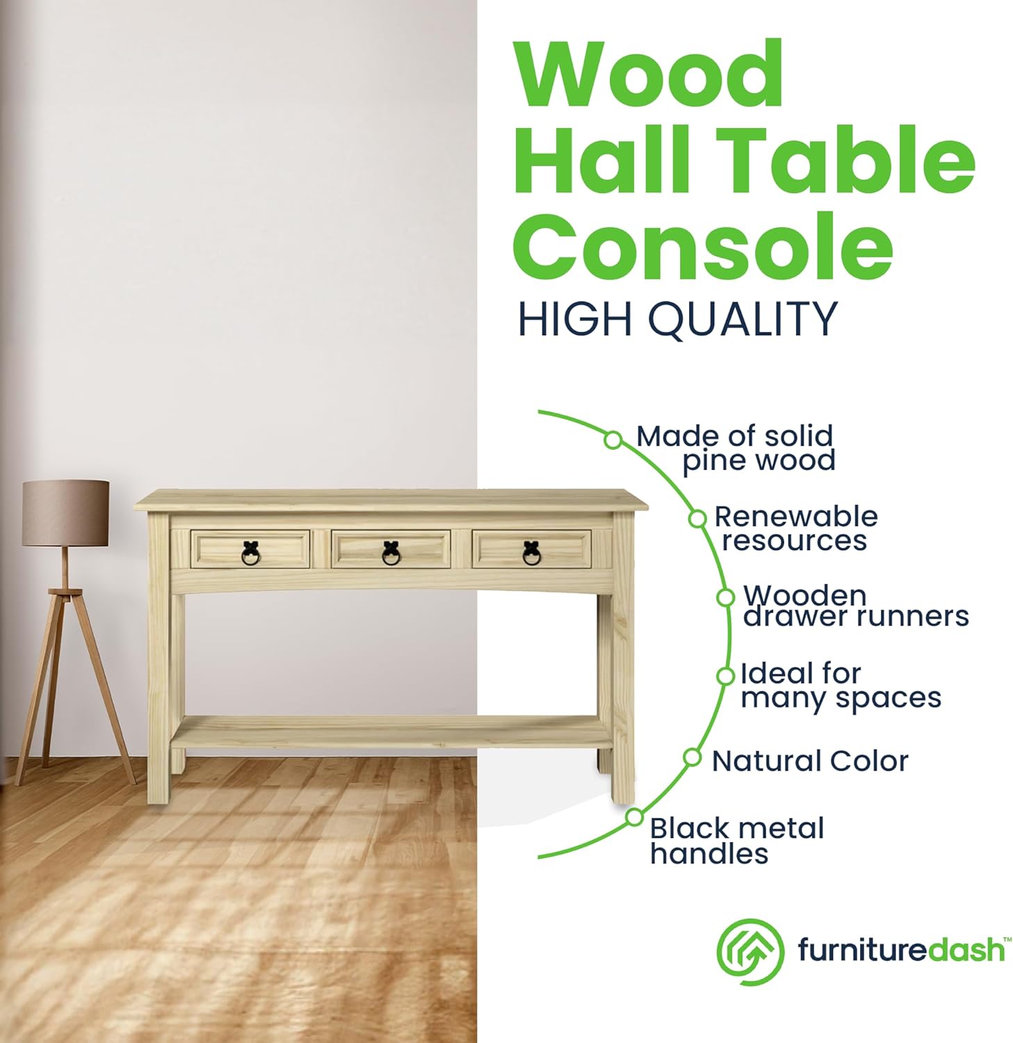 Furniture Dash Solid Wood Hall Table Console 47.9" W, 12.6" D, 28.8" H - Farmhouse Entryway Table with 3 Drawers, Office Hallway Foyer, Wooden Storage, Cupboard Console Table