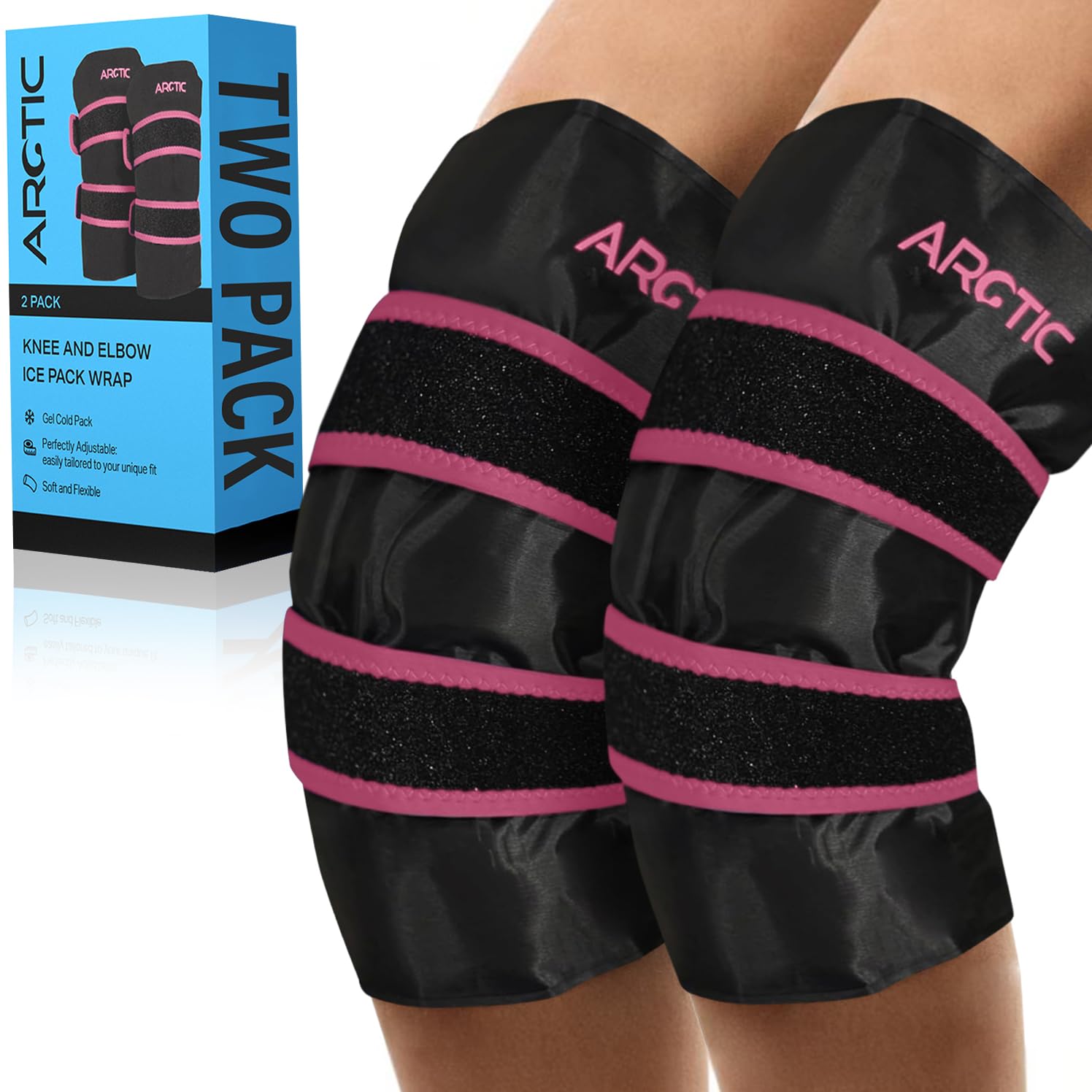 Two Pack - Knee and Elbow Ice Pack Wrap | Reusable Gel Ice Pack, Arm Ice Sleeve, Knee Pain Relief (Pink)