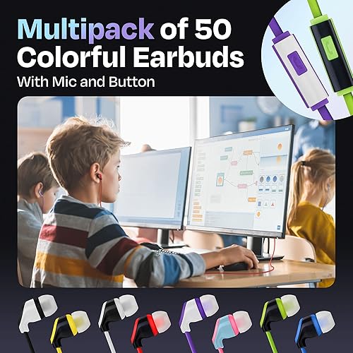 Miniatura 4 de JustJamz Paquete de 80 – 50 auriculares a granel con micrófono más 30 bridas magnéticas para cables – coloridos auriculares con cable para aula