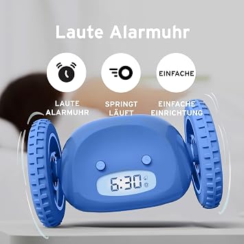CLOCKY Loud Alarm Clock Digital Alarm Clock Loud for Deep Sleepers Adults Teens Funny for Hard of Hearing Heavy Sleepers on Wheels Running Away Driving Jumping Rolling Away Funny Gift (Blue)
