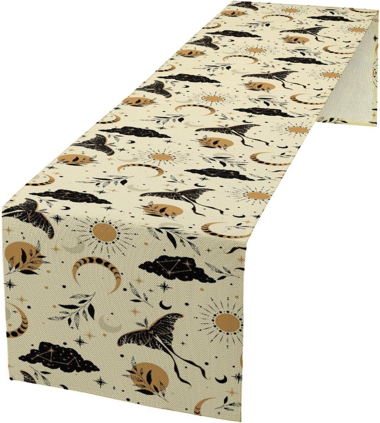 Bohemian Moon Moth Table Runner Gothic Mystery Style Astrology Herbal Leaves Astrology Home Decor for Farmhouse Indoor Outdoor Party Holiday Dining Kitchen Restaurant Cafe W13xL120in